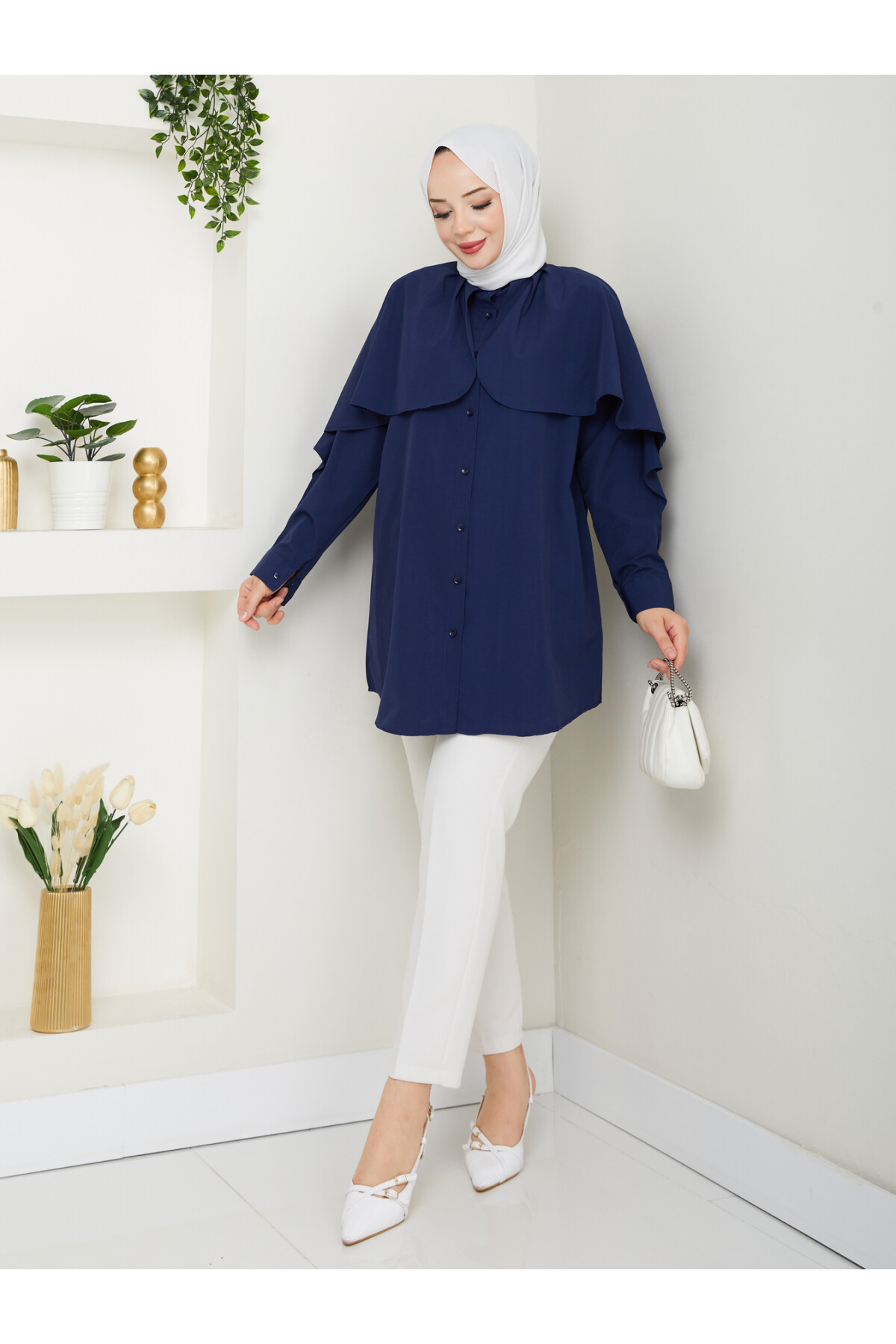 PELERİNLİ BAĞCIKLI GÖMLEK-LACİVERT