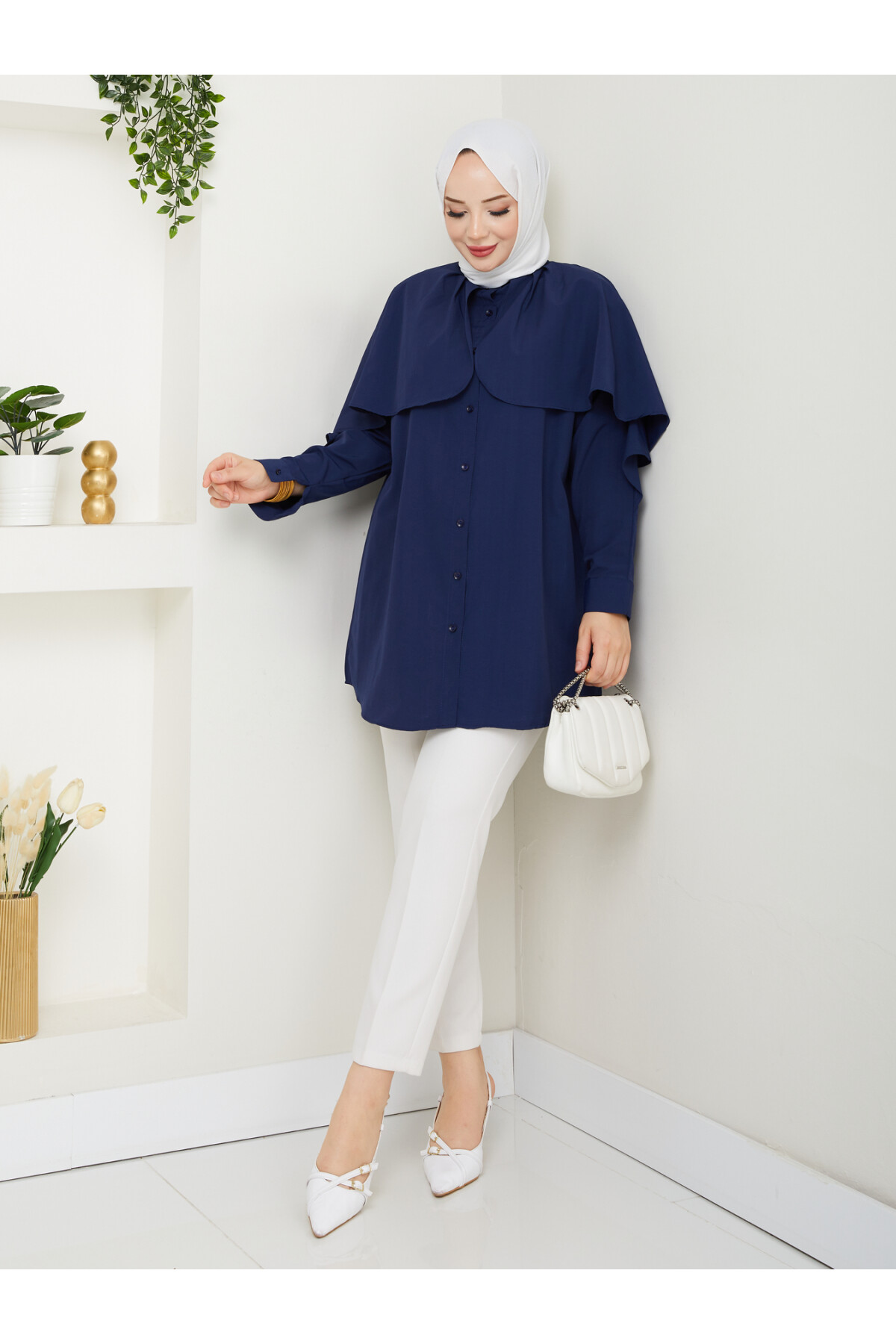 PELERİNLİ BAĞCIKLI GÖMLEK-LACİVERT