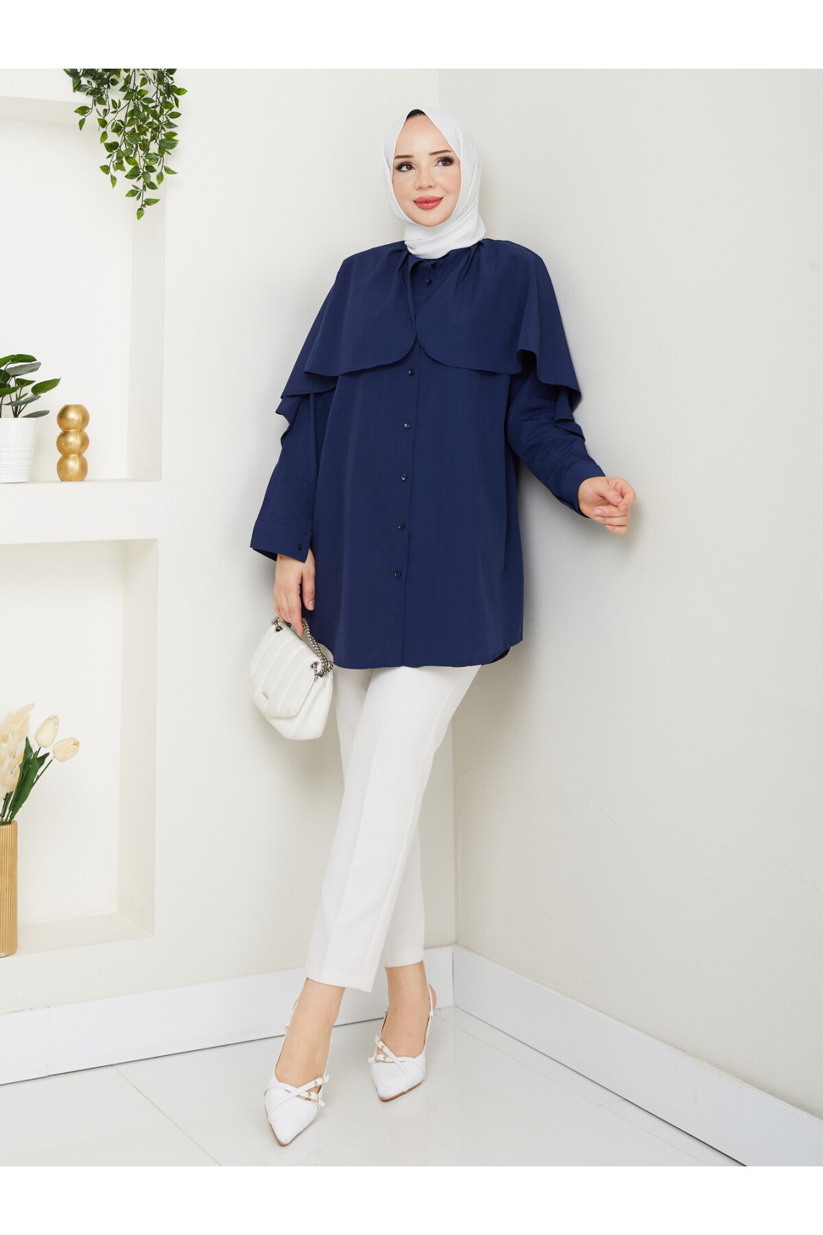 PELERİNLİ BAĞCIKLI GÖMLEK-LACİVERT