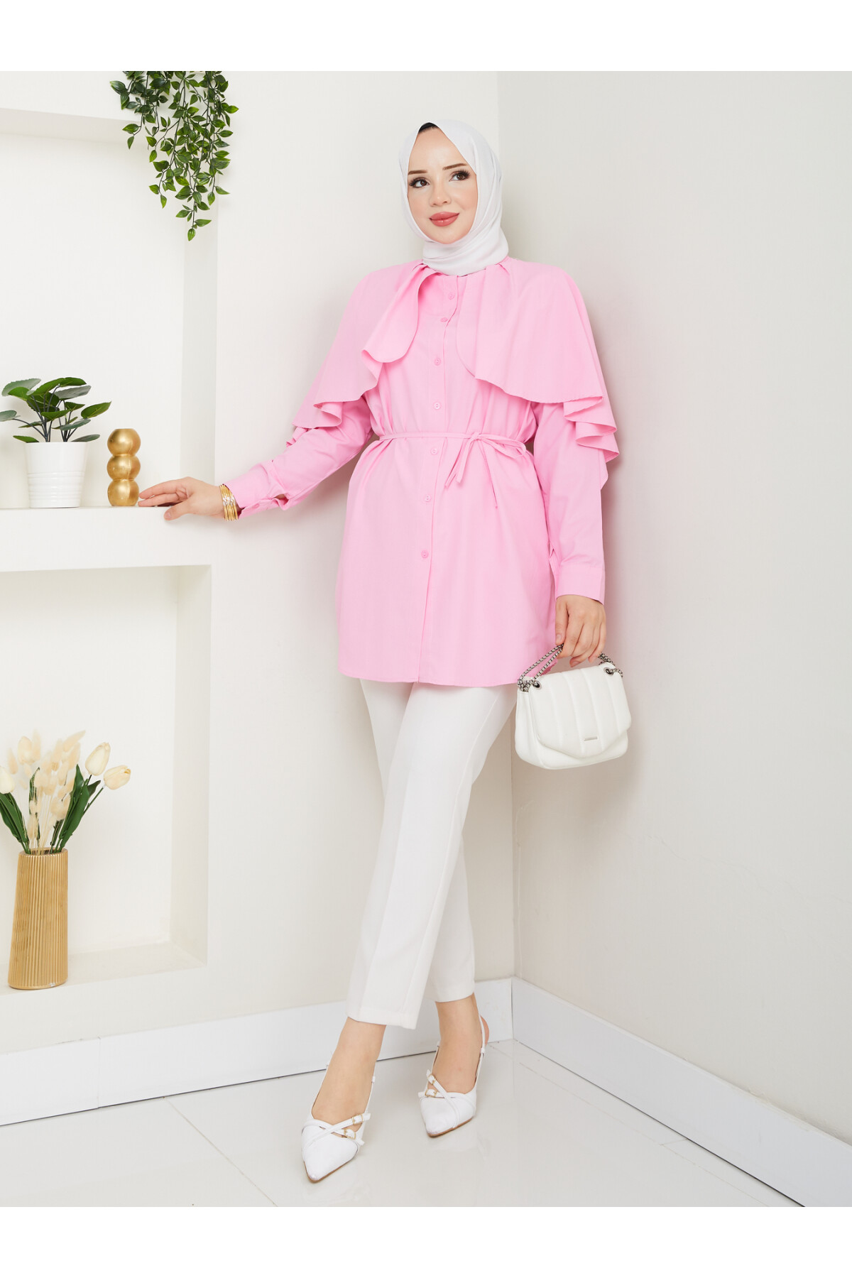 PELERİNLİ BAĞCIKLI GÖMLEK-PEMBE