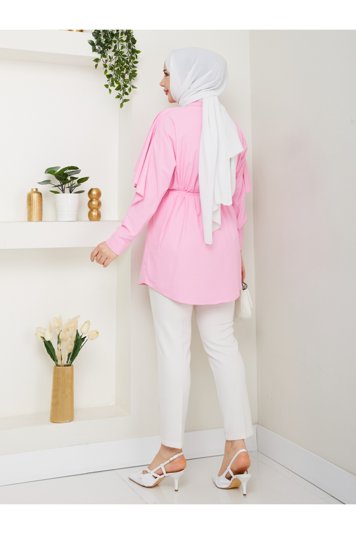 PELERİNLİ BAĞCIKLI GÖMLEK-PEMBE