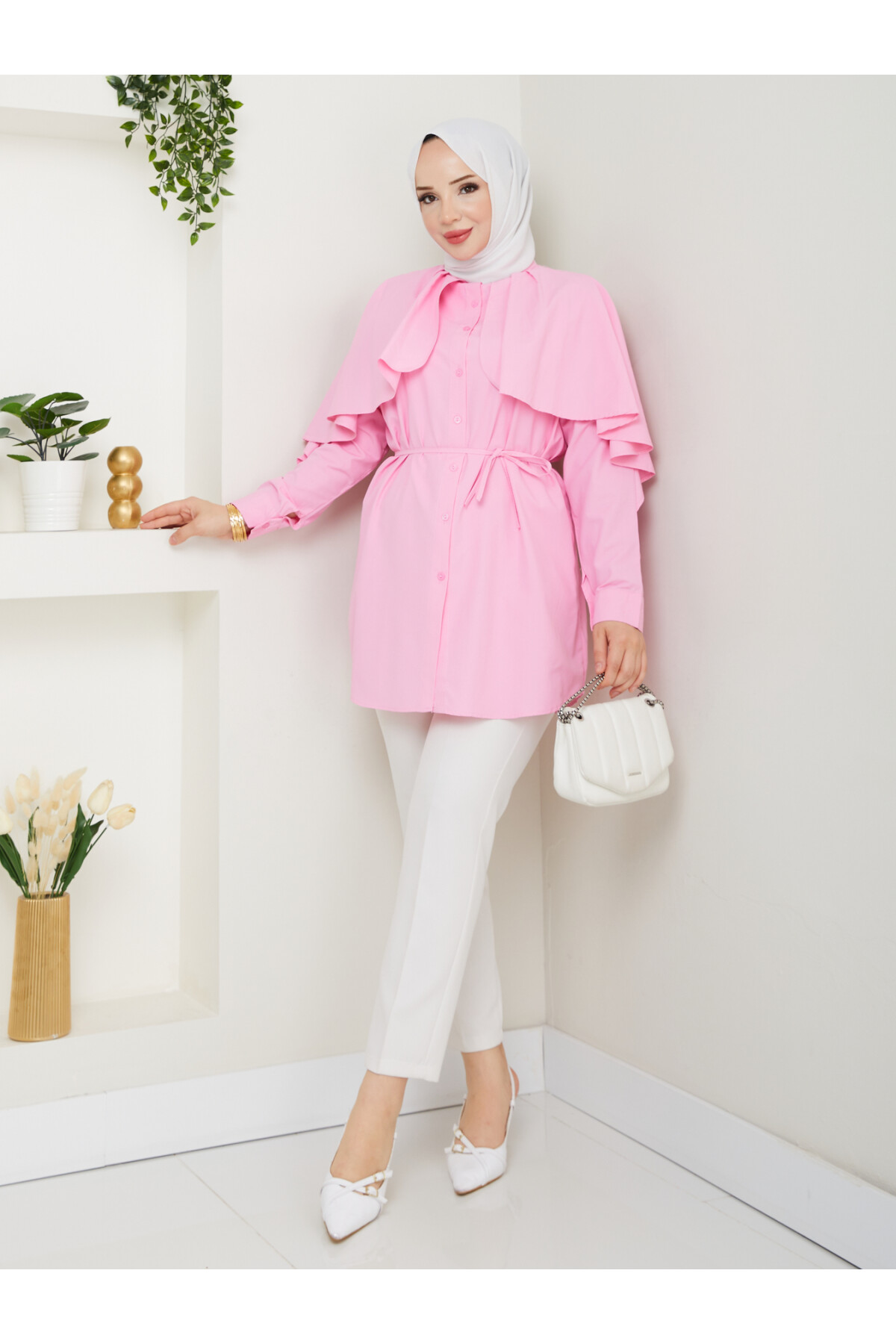 PELERİNLİ BAĞCIKLI GÖMLEK-PEMBE