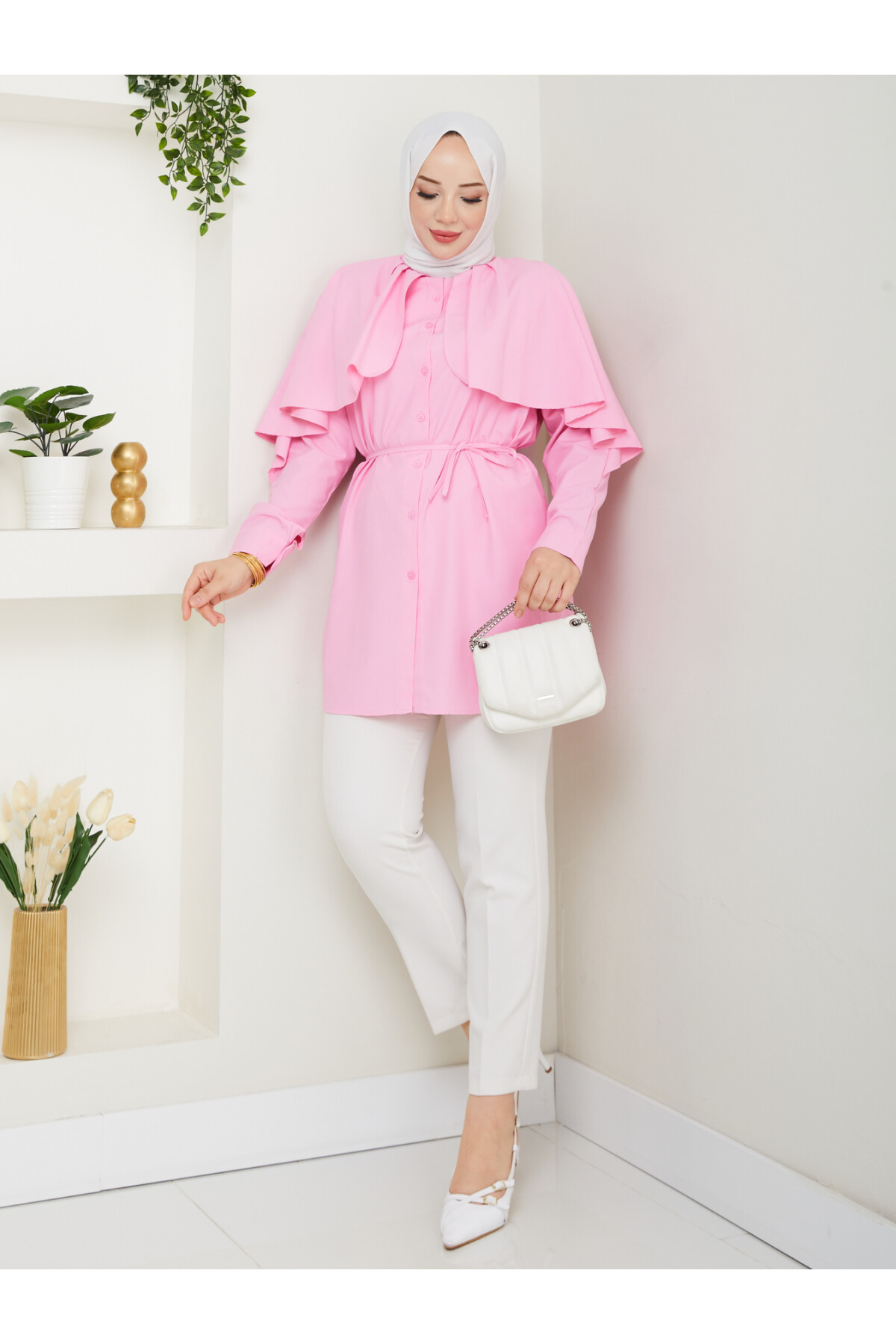 PELERİNLİ BAĞCIKLI GÖMLEK-PEMBE