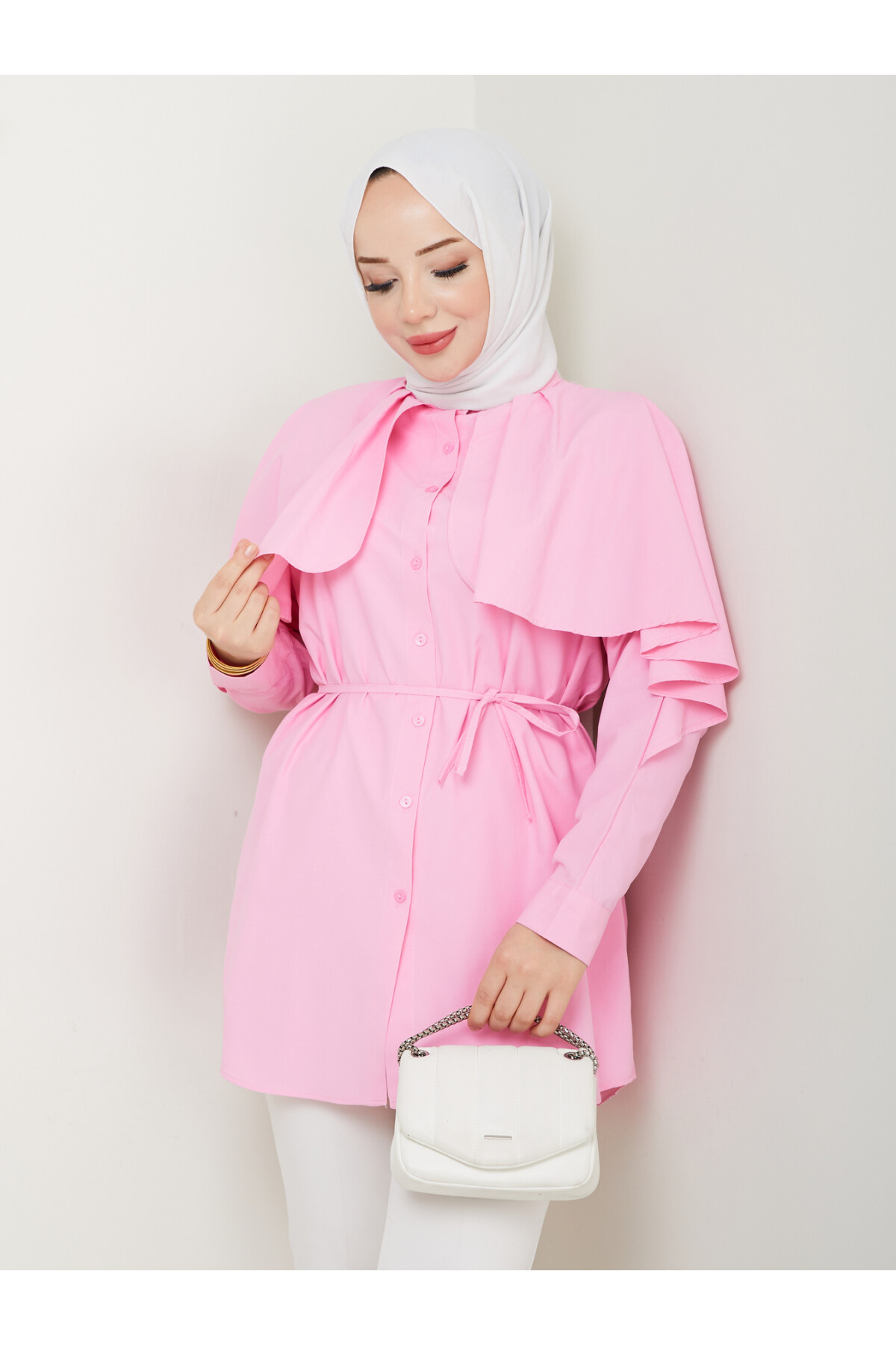 PELERİNLİ BAĞCIKLI GÖMLEK-PEMBE