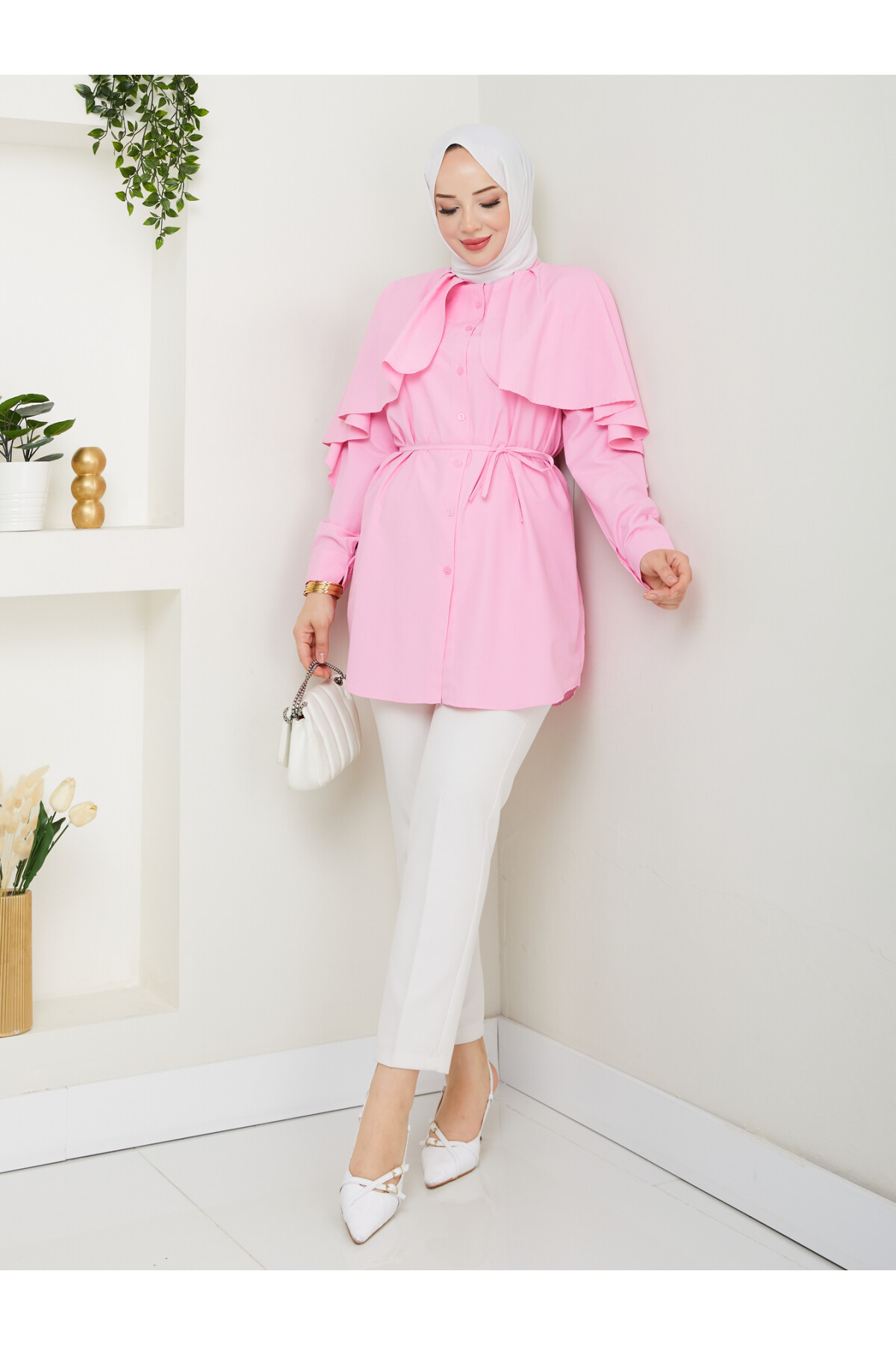 PELERİNLİ BAĞCIKLI GÖMLEK-PEMBE