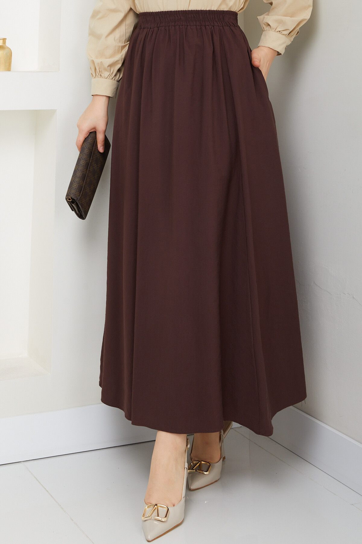 PERY CEPLİ KETEN ETEK-ACI KAHVE