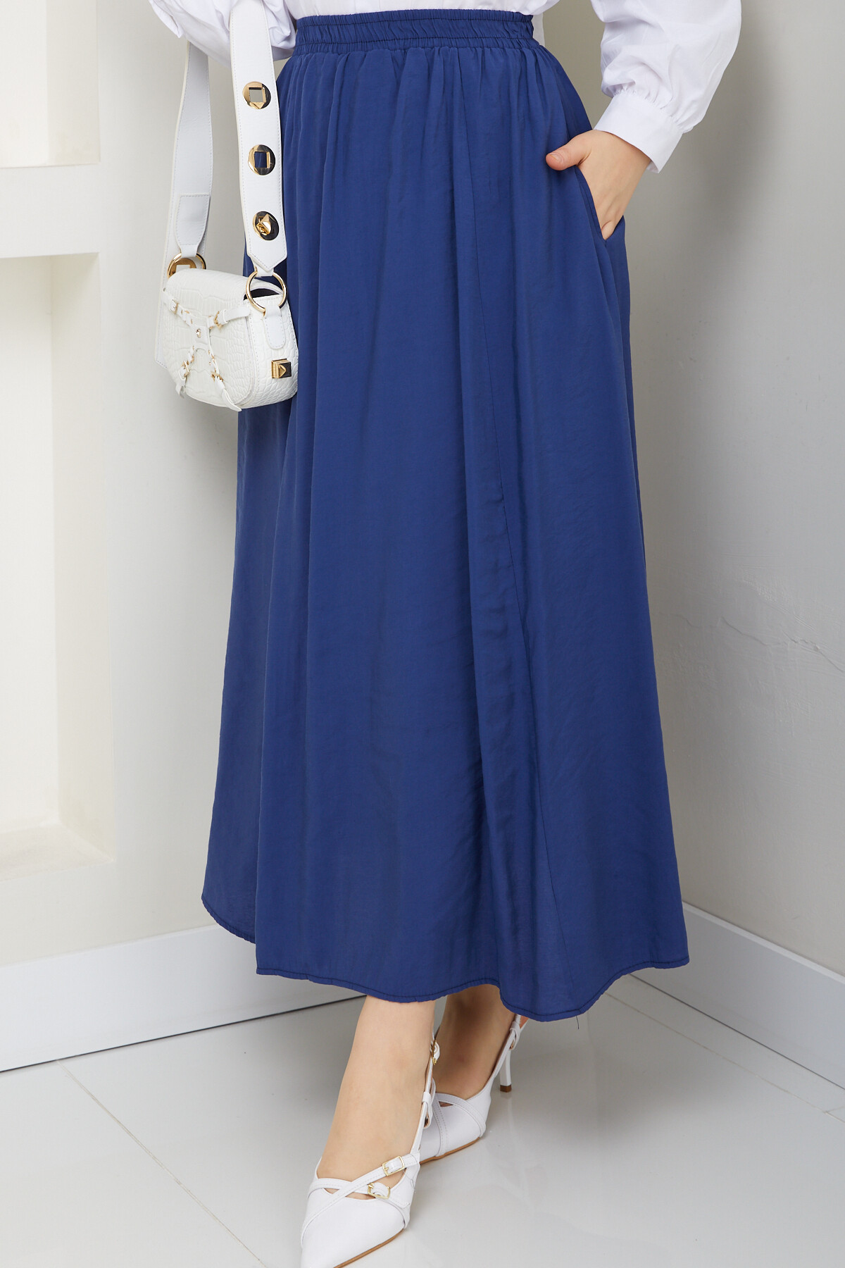 PERY CEPLİ KETEN ETEK-LACİVERT