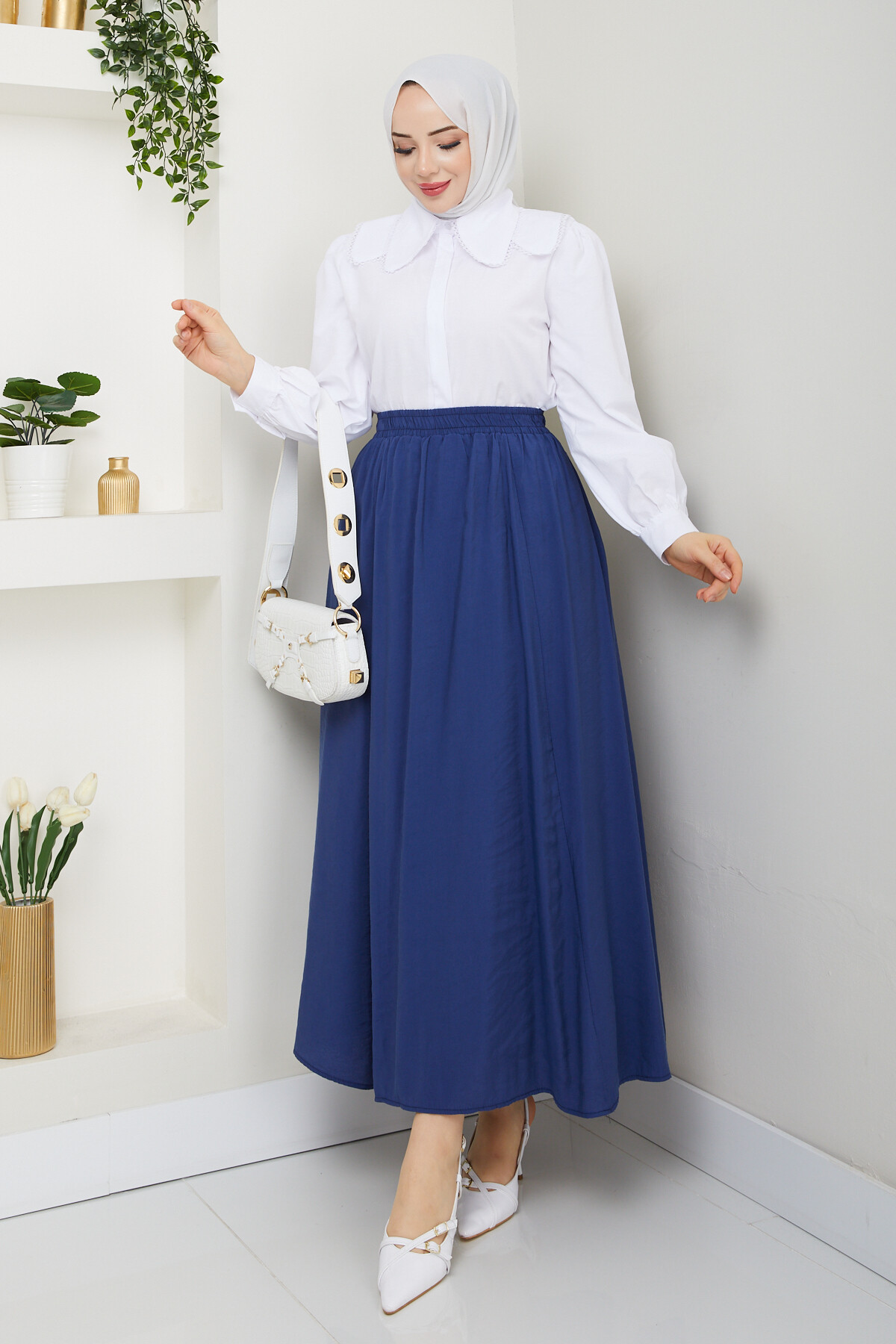 PERY CEPLİ KETEN ETEK-LACİVERT