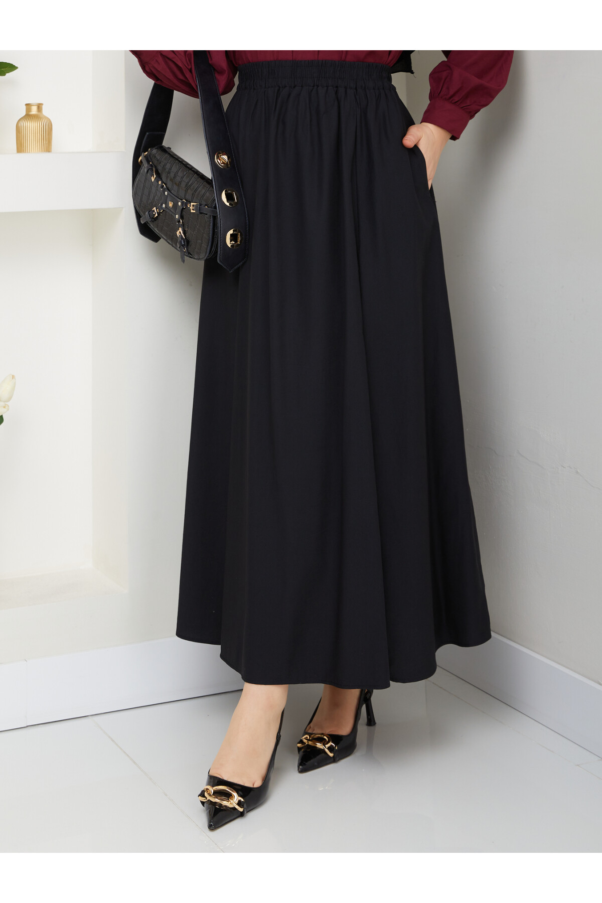 PERY CEPLİ KETEN ETEK-SİYAH