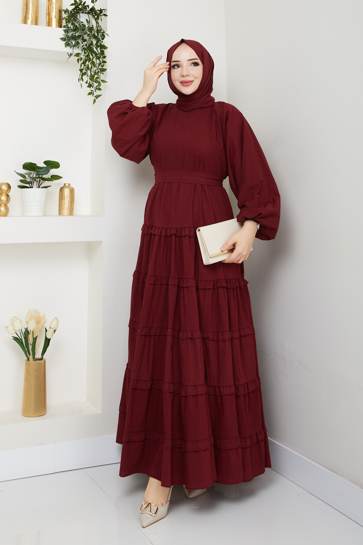 PREMIUM KAT KAT KUŞAKLI ELBİSE-BORDO
