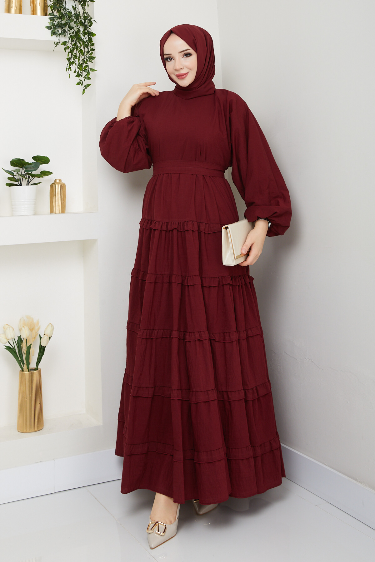 PREMIUM KAT KAT KUŞAKLI ELBİSE-BORDO