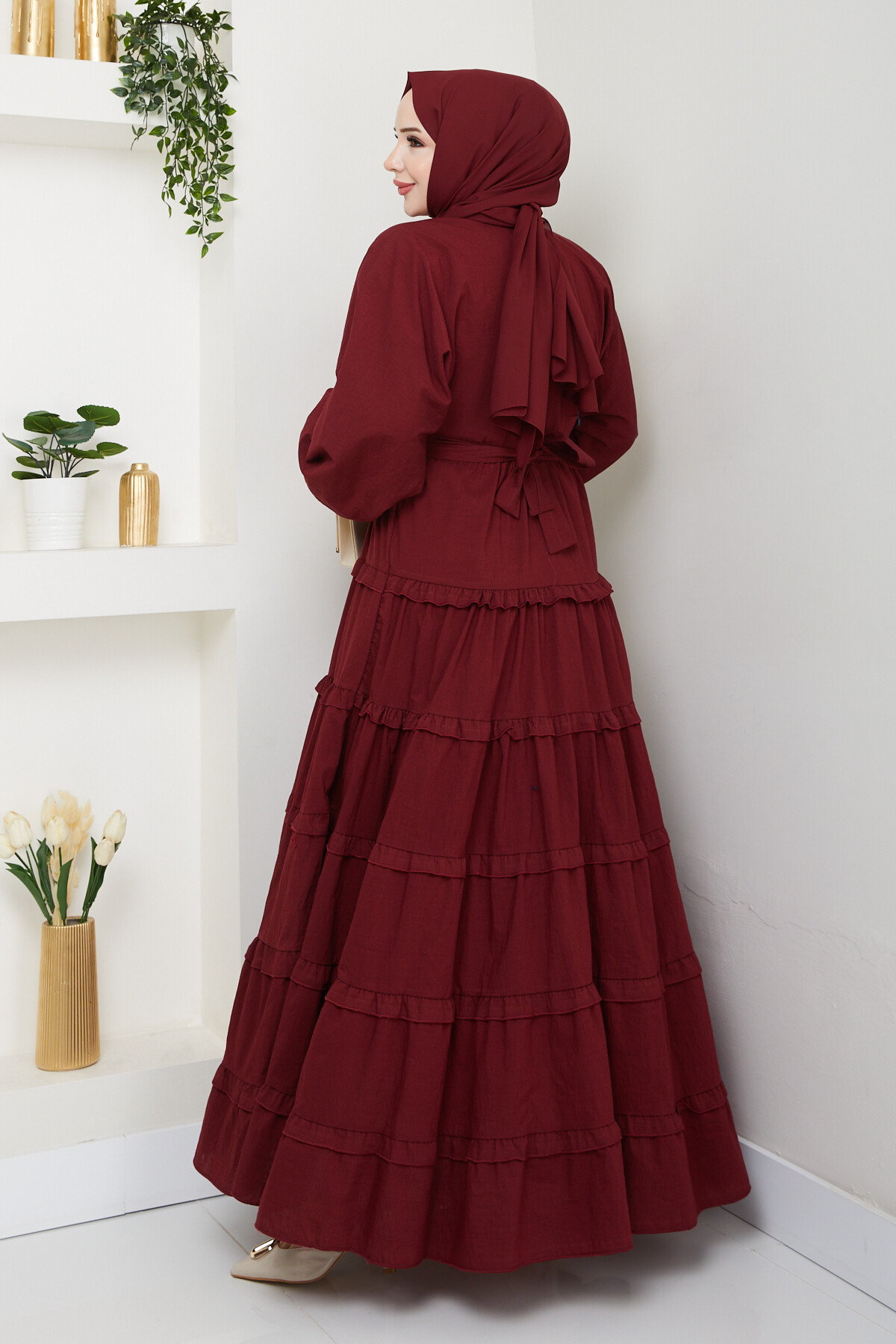 PREMIUM KAT KAT KUŞAKLI ELBİSE-BORDO