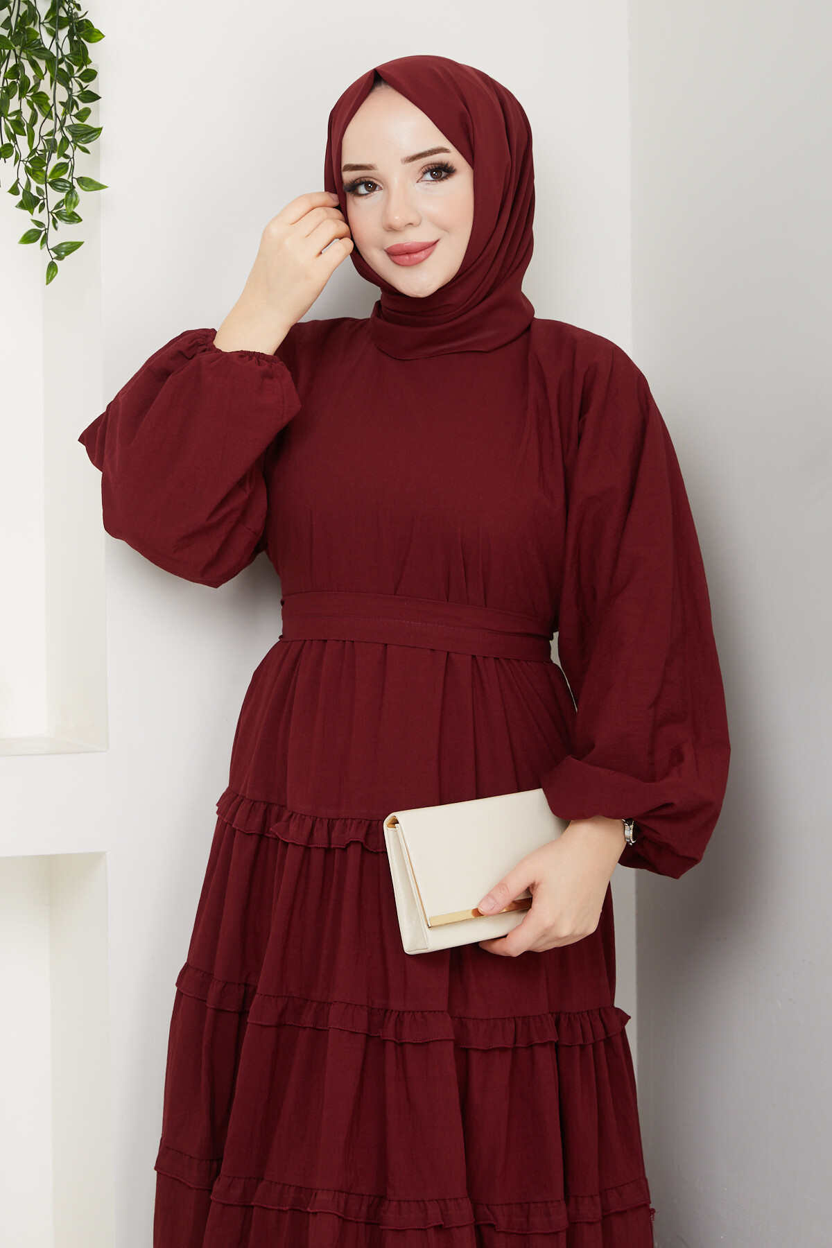 PREMIUM KAT KAT KUŞAKLI ELBİSE-BORDO