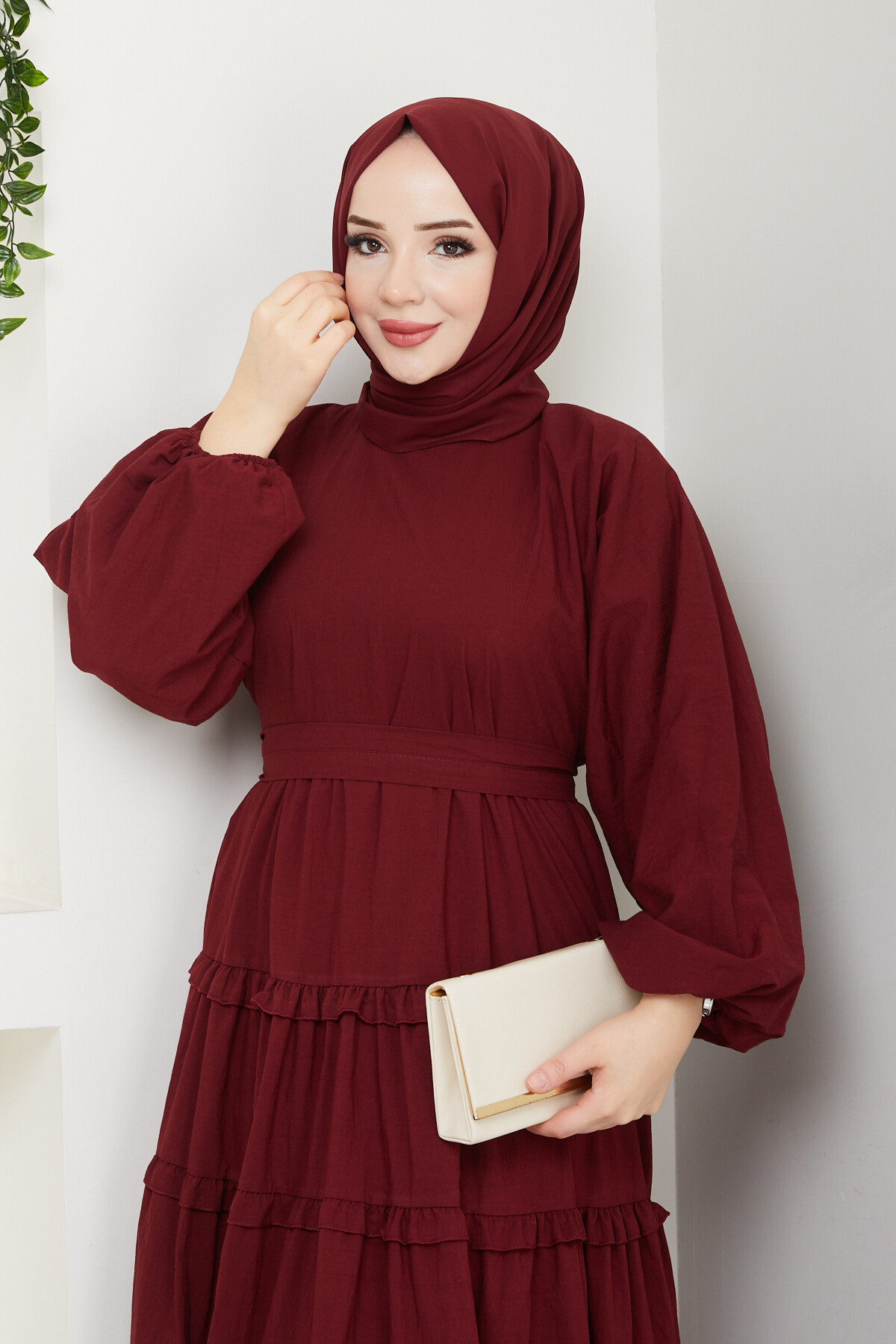 PREMIUM KAT KAT KUŞAKLI ELBİSE-BORDO