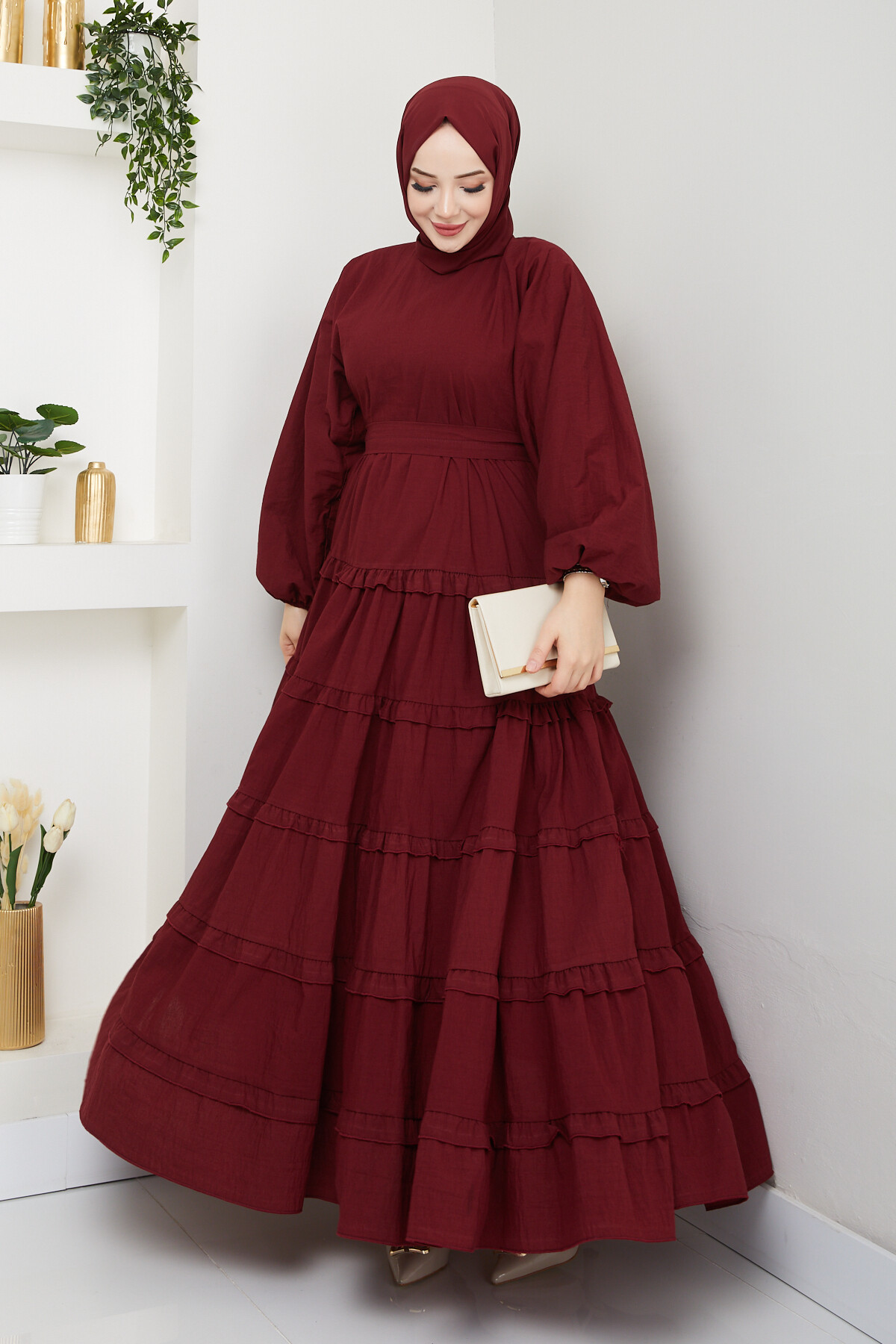 PREMIUM KAT KAT KUŞAKLI ELBİSE-BORDO