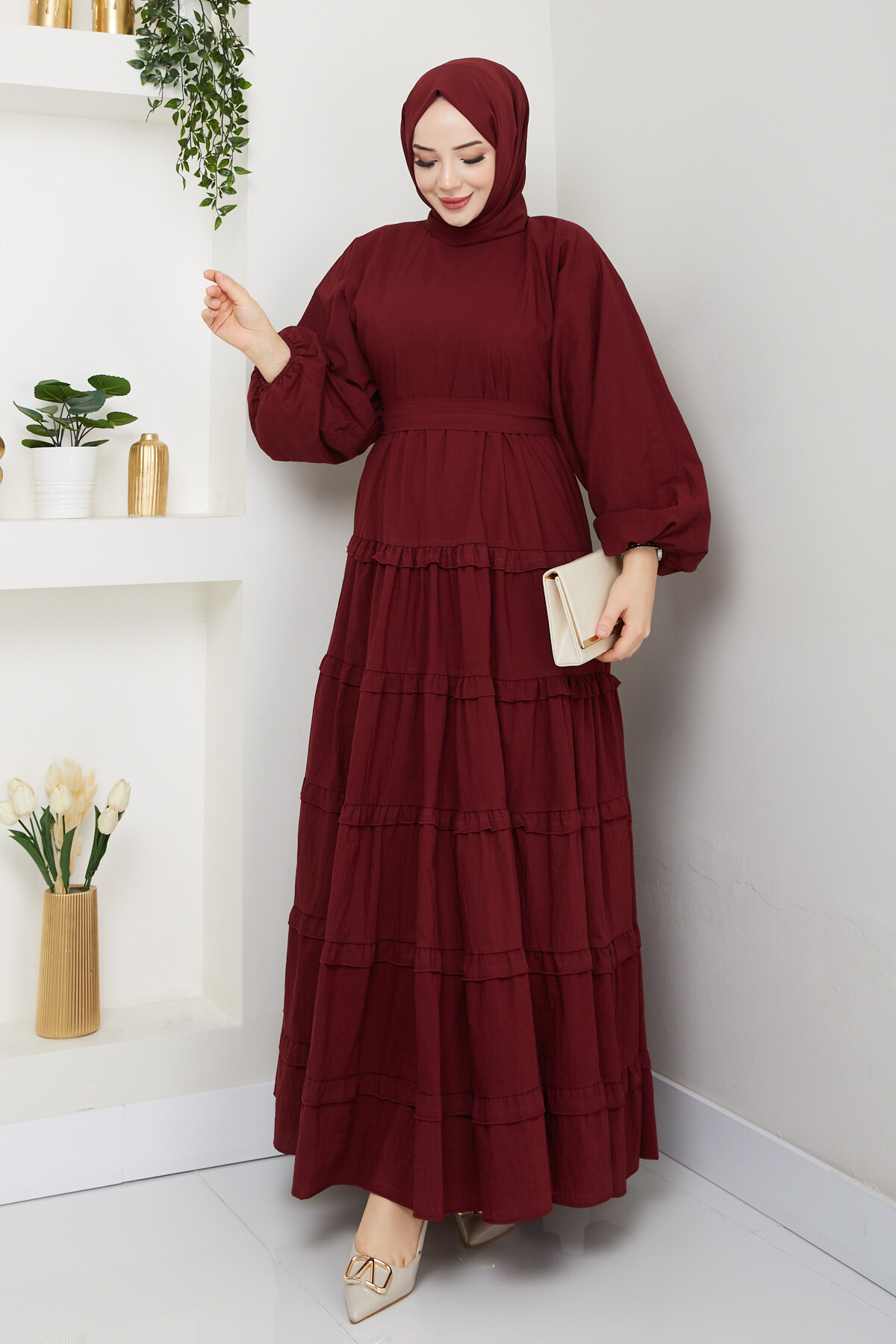 PREMIUM KAT KAT KUŞAKLI ELBİSE-BORDO