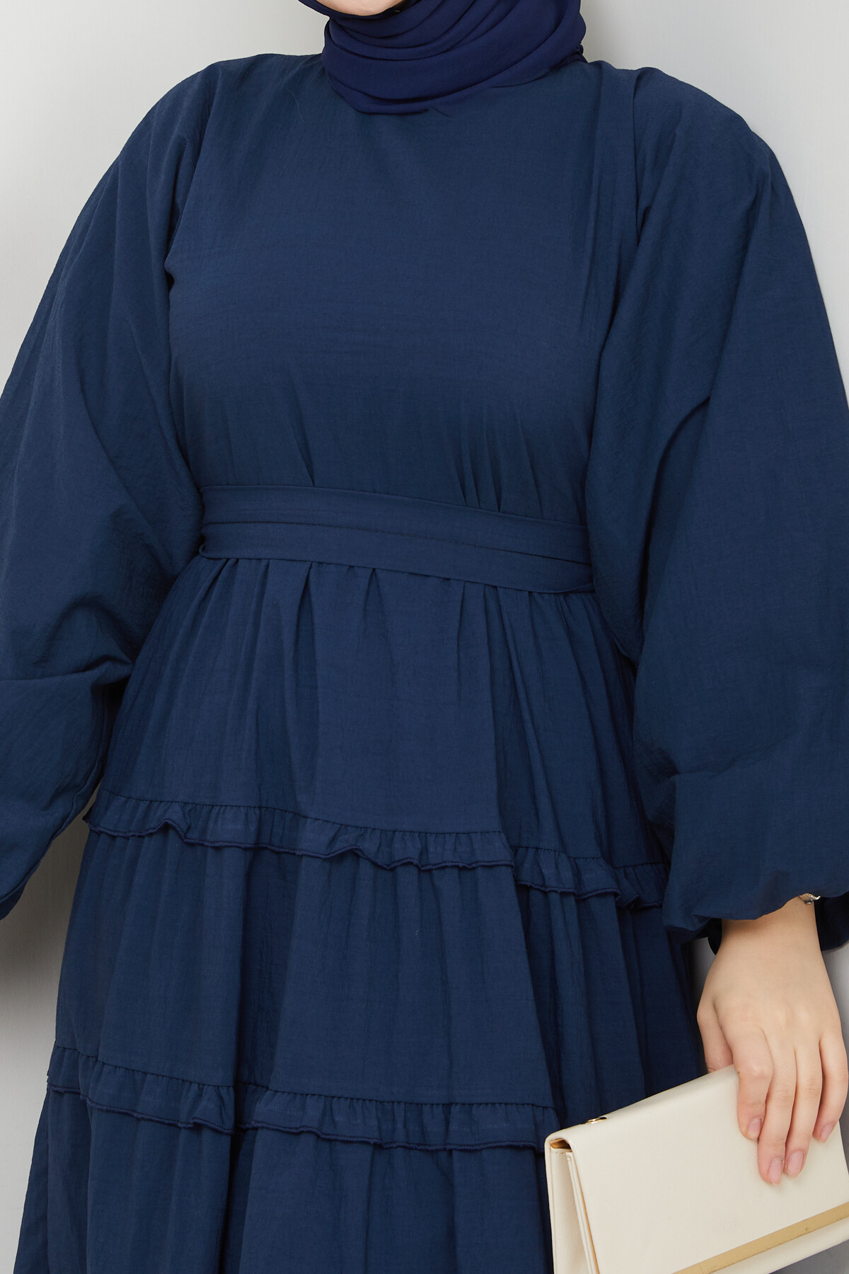 PREMIUM KAT KAT KUŞAKLI ELBİSE-LACİVERT