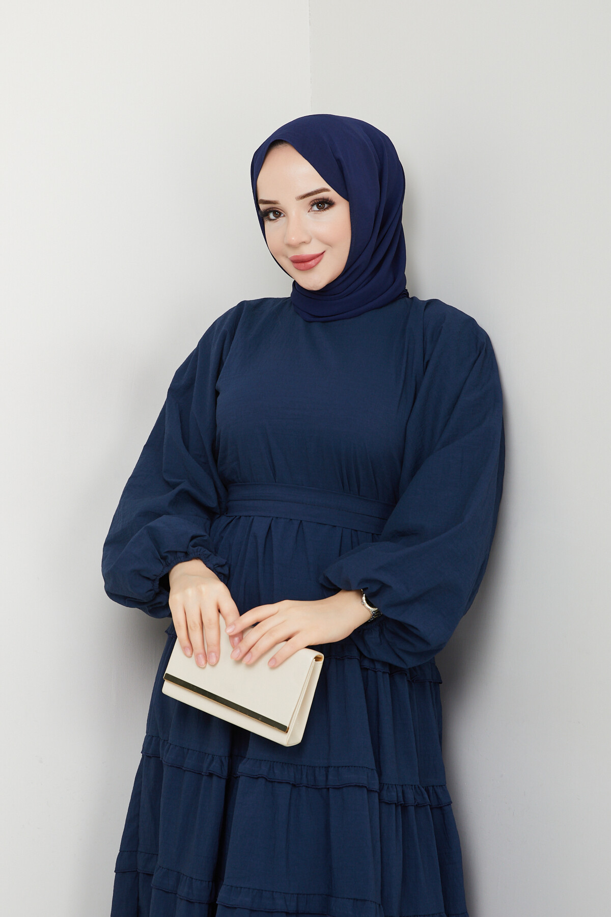 PREMIUM KAT KAT KUŞAKLI ELBİSE-LACİVERT