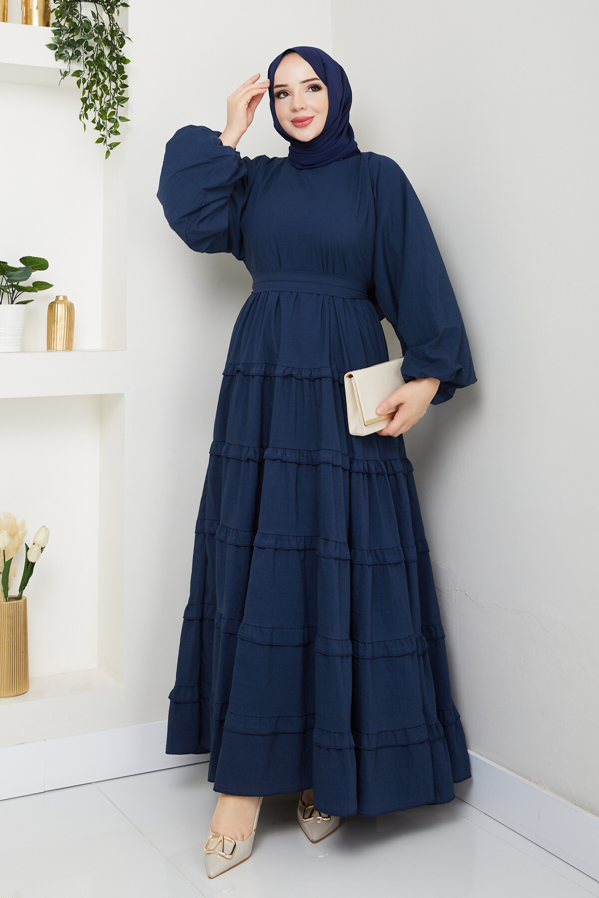 PREMIUM KAT KAT KUŞAKLI ELBİSE-LACİVERT