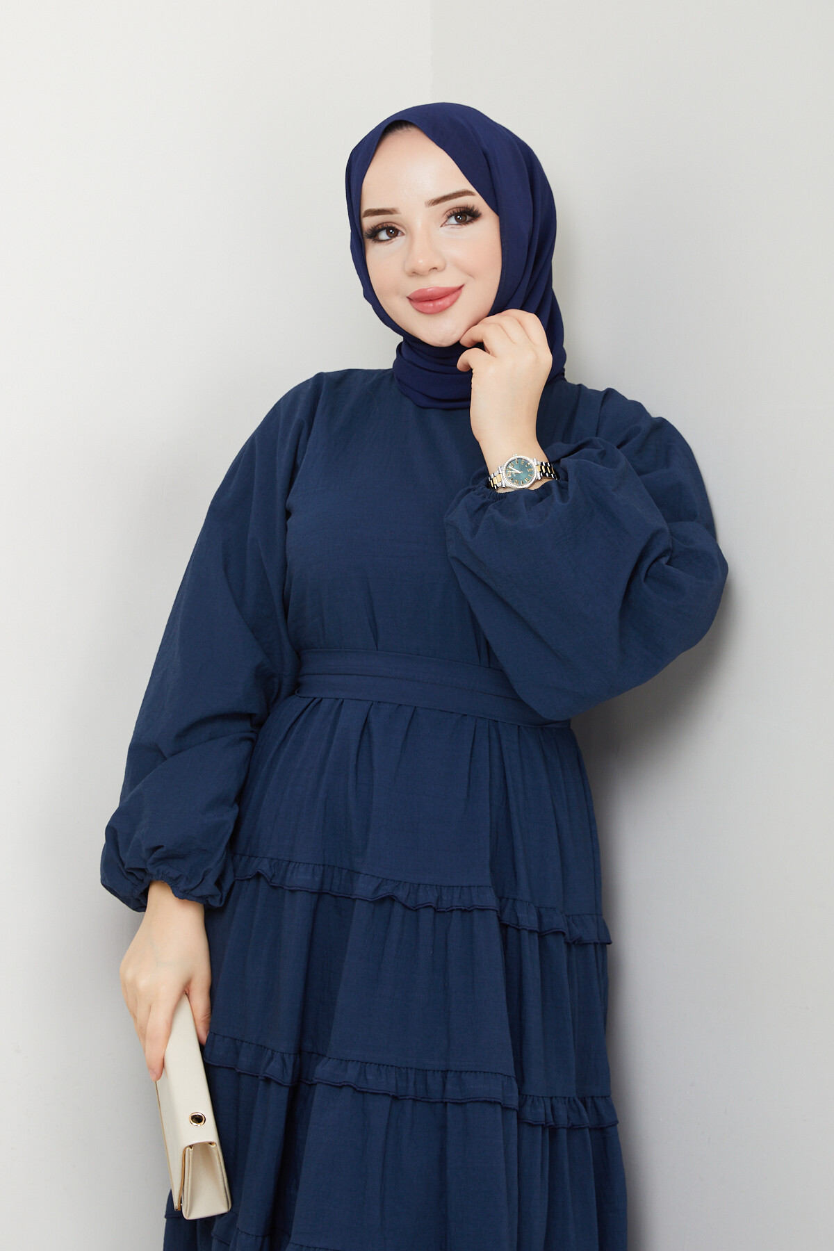 PREMIUM KAT KAT KUŞAKLI ELBİSE-LACİVERT