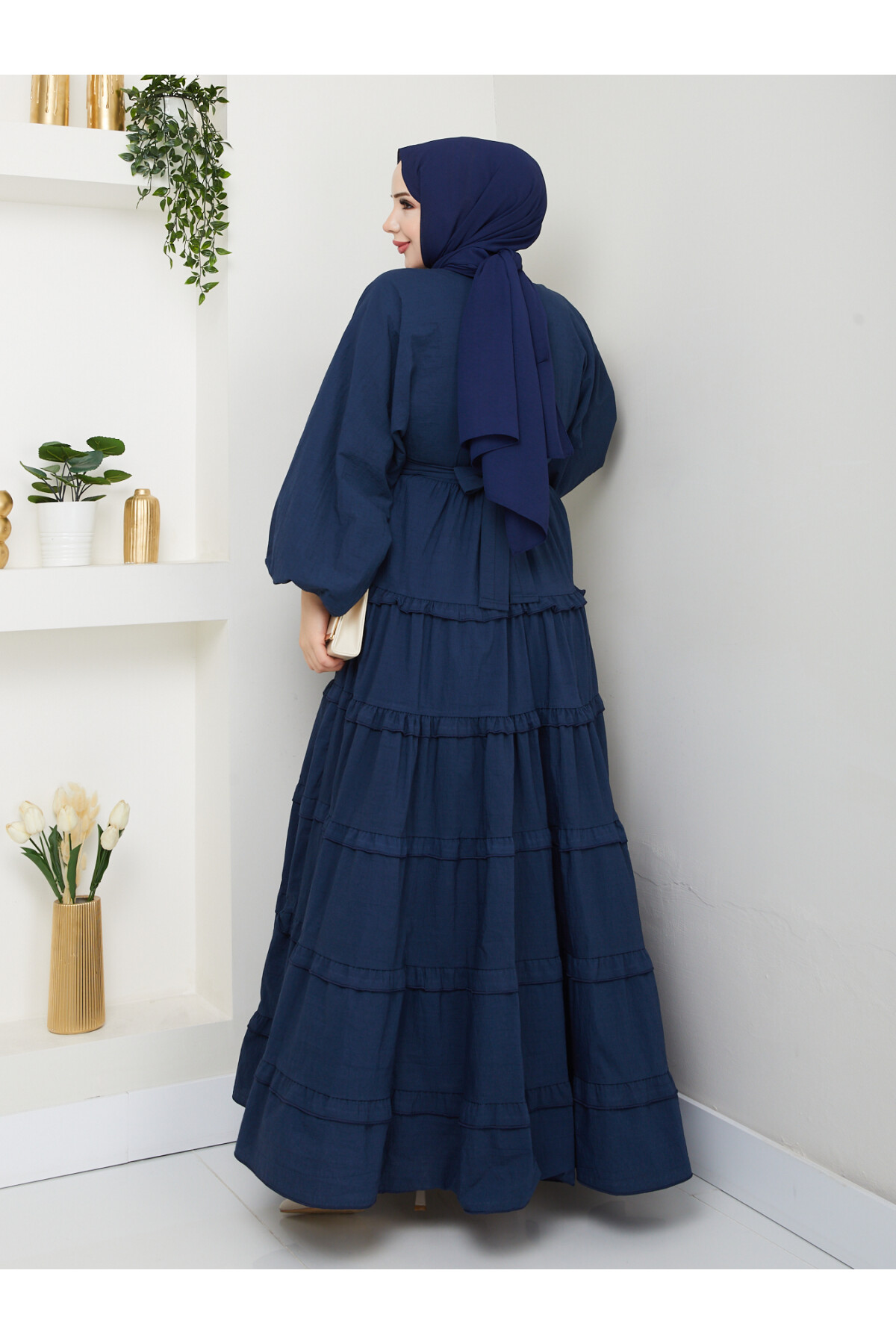 PREMIUM KAT KAT KUŞAKLI ELBİSE-LACİVERT