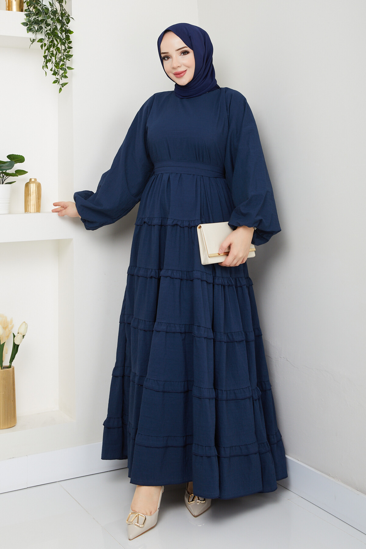 PREMIUM KAT KAT KUŞAKLI ELBİSE-LACİVERT