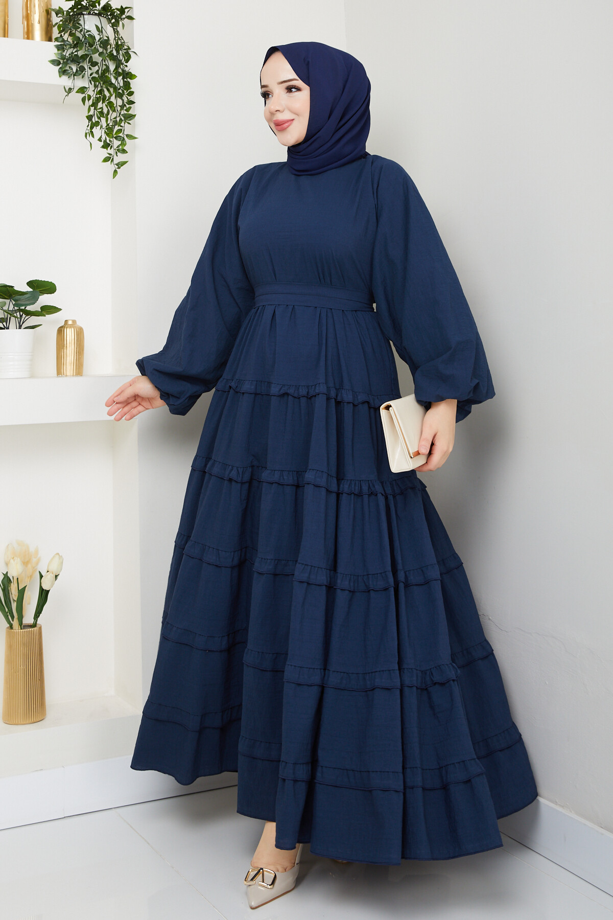 PREMIUM KAT KAT KUŞAKLI ELBİSE-LACİVERT