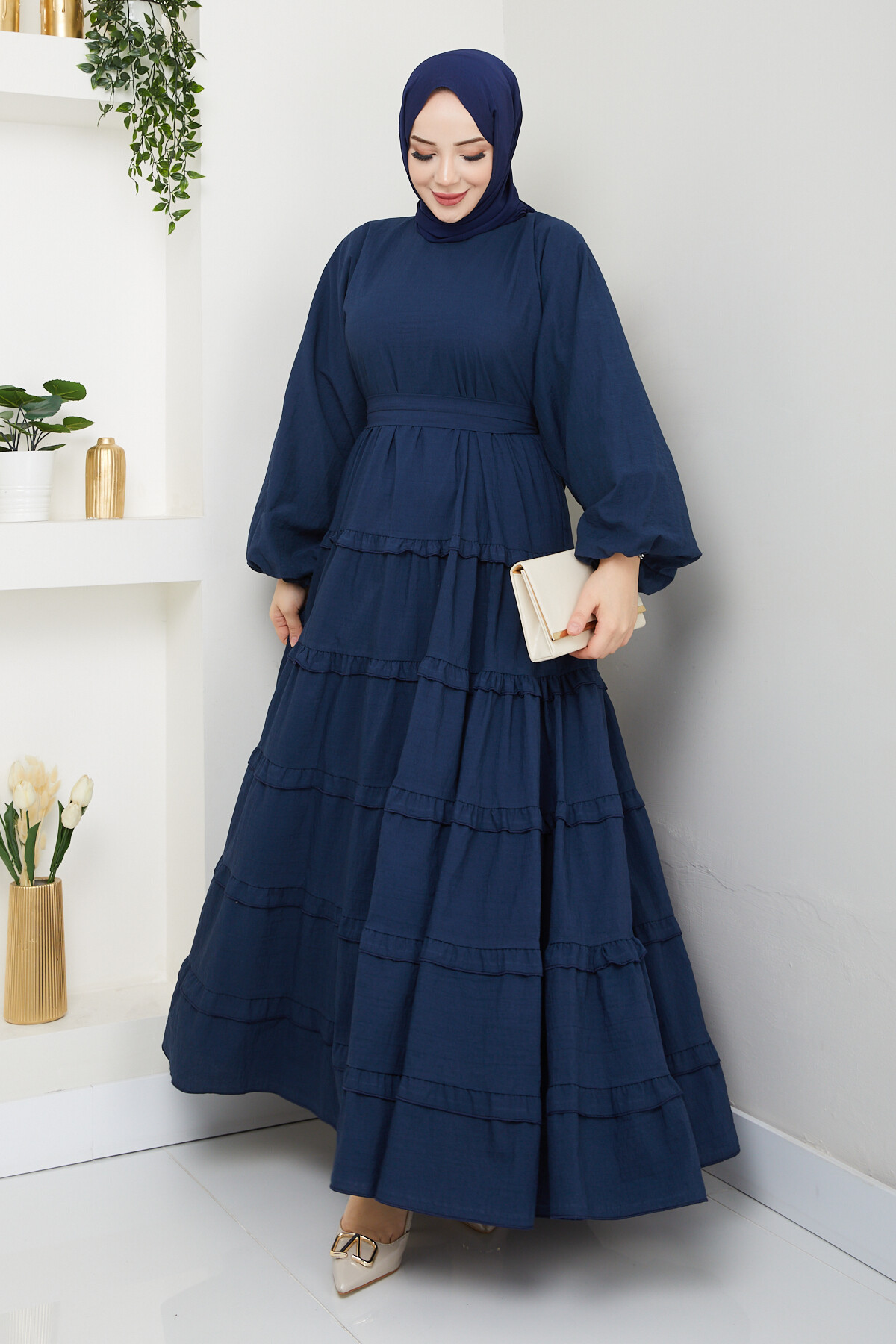 PREMIUM KAT KAT KUŞAKLI ELBİSE-LACİVERT