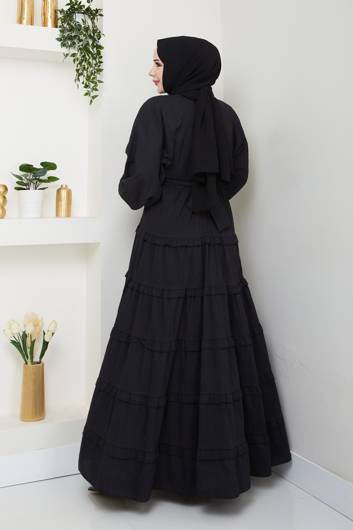 PREMIUM KAT KAT KUŞAKLI ELBİSE-SİYAH