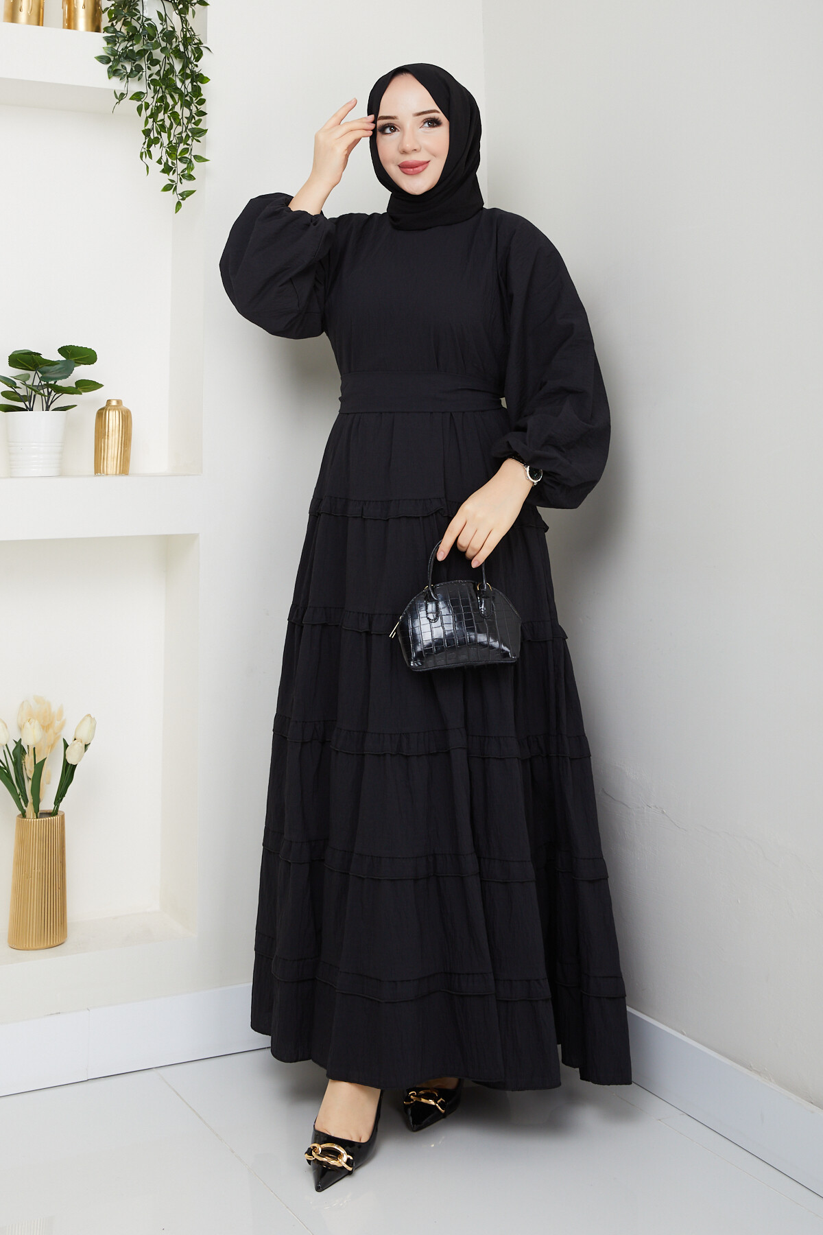 PREMIUM KAT KAT KUŞAKLI ELBİSE-SİYAH