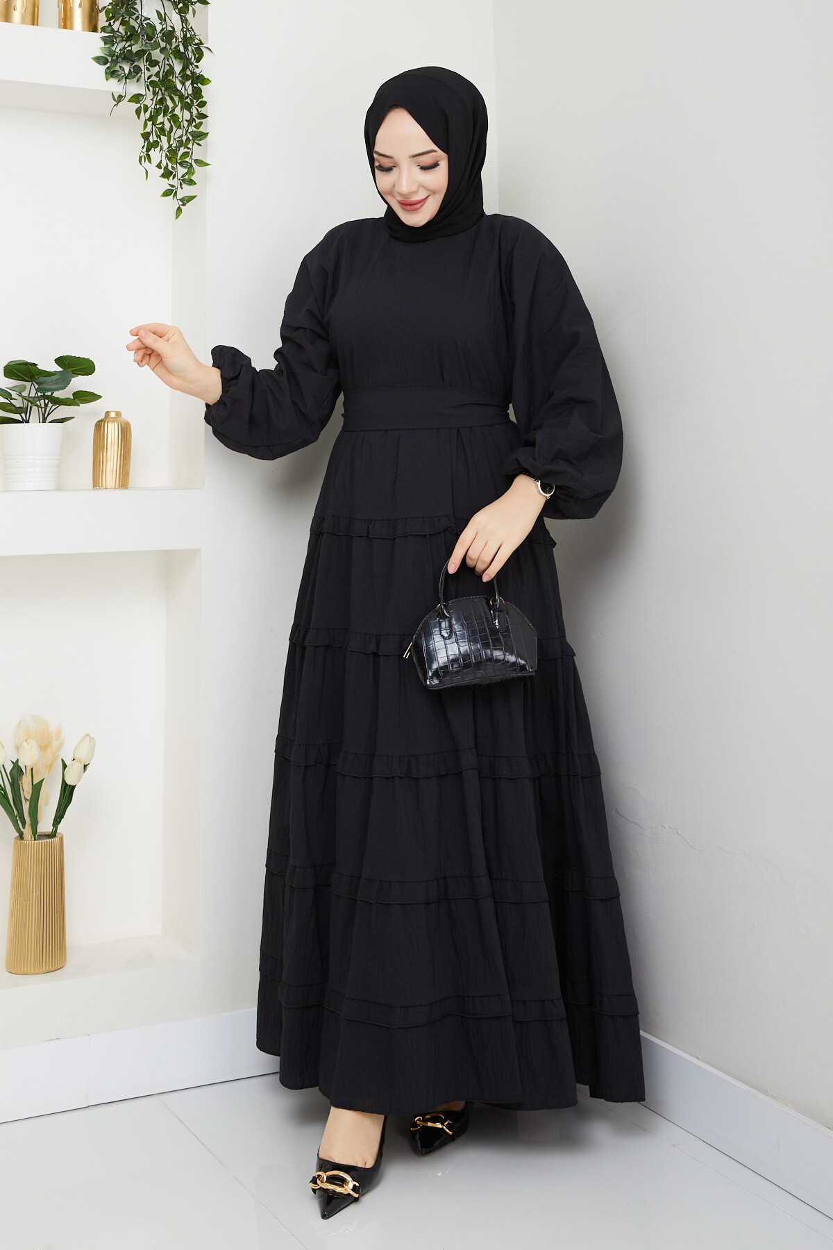 PREMIUM KAT KAT KUŞAKLI ELBİSE-SİYAH