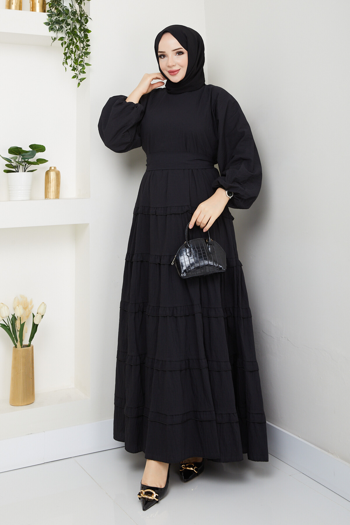 PREMIUM KAT KAT KUŞAKLI ELBİSE-SİYAH