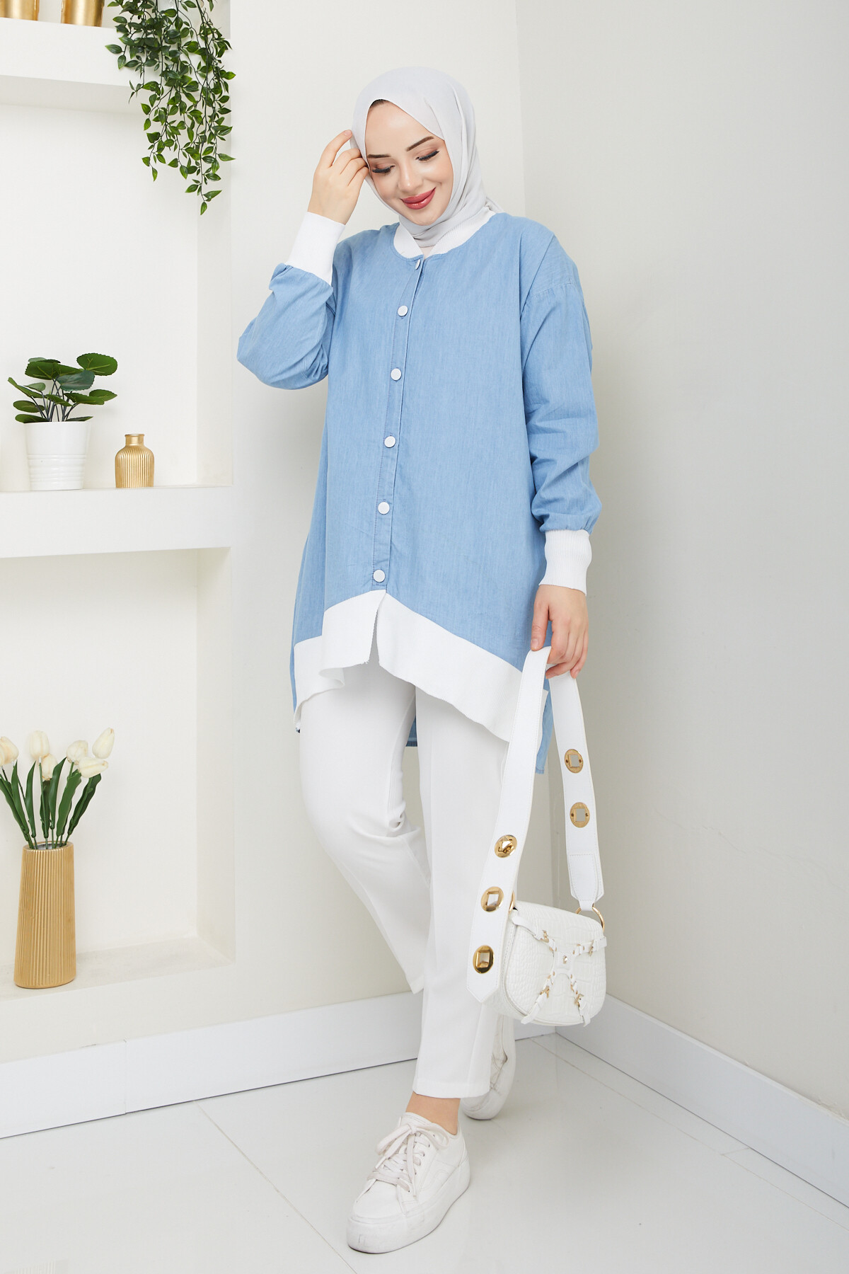 RİBANA DÜĞMELİ KOT GÖMLEK-AÇIK MAVİ