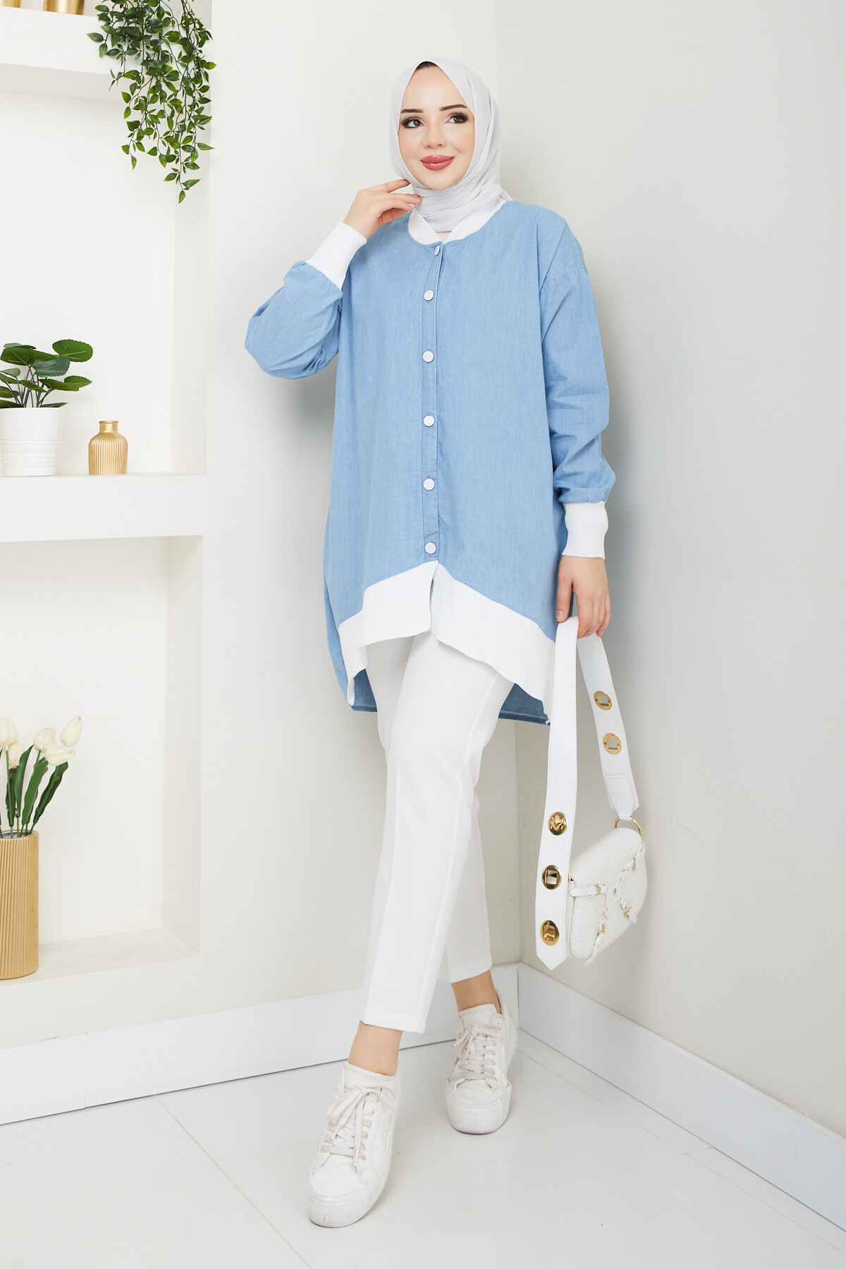 RİBANA DÜĞMELİ KOT GÖMLEK-AÇIK MAVİ