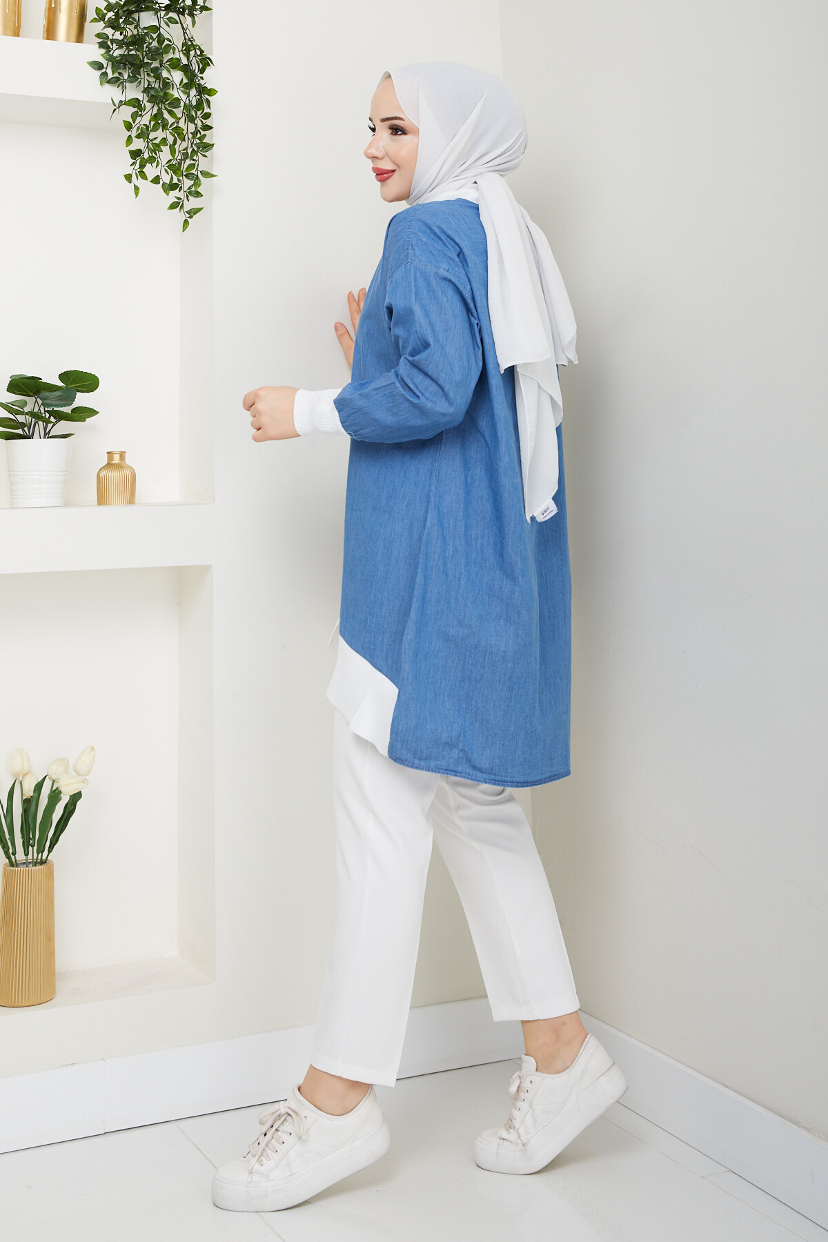 RİBANA DÜĞMELİ KOT GÖMLEK-MAVİ