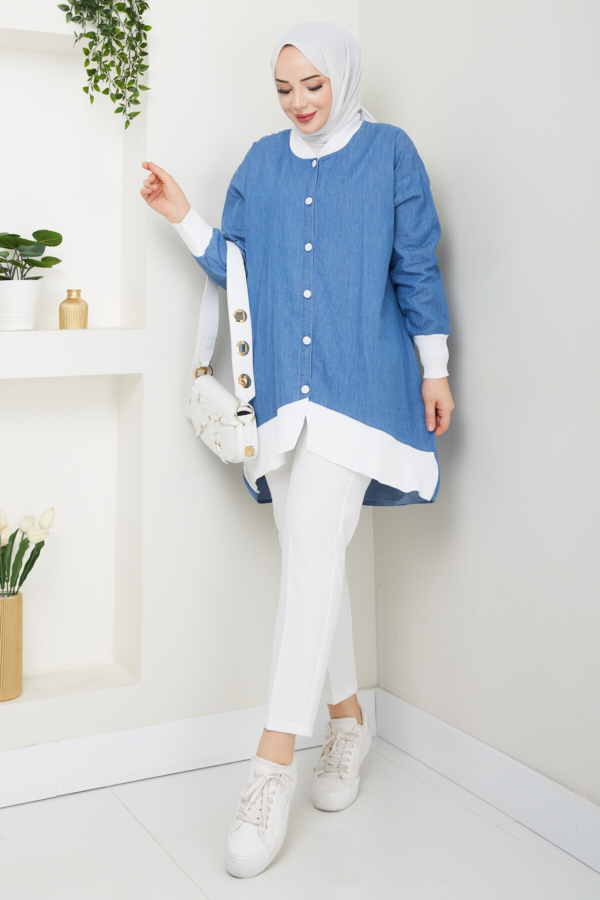 RİBANA DÜĞMELİ KOT GÖMLEK-MAVİ