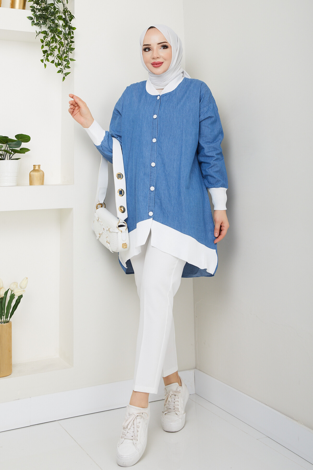 RİBANA DÜĞMELİ KOT GÖMLEK-MAVİ