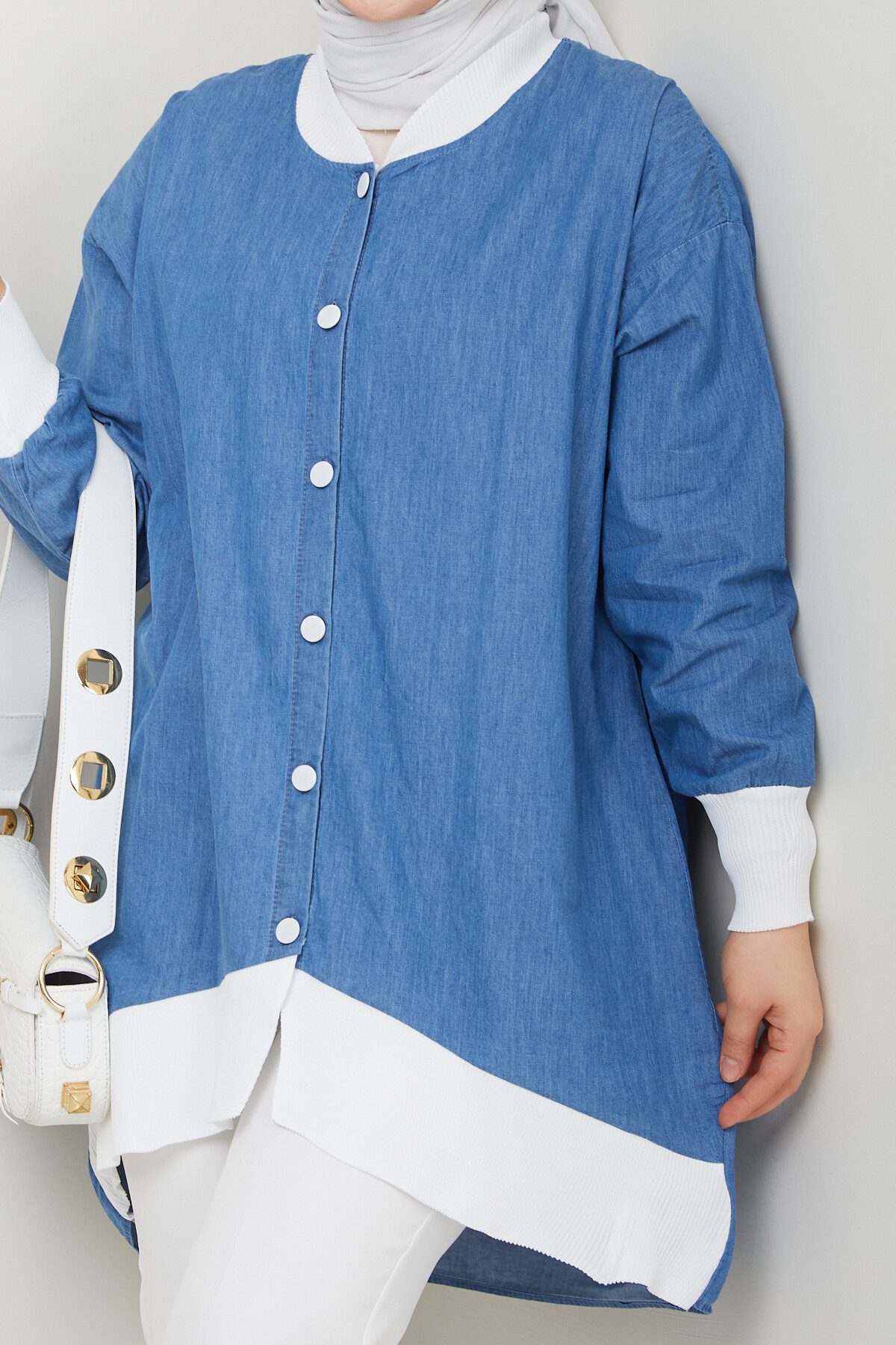 RİBANA DÜĞMELİ KOT GÖMLEK-MAVİ