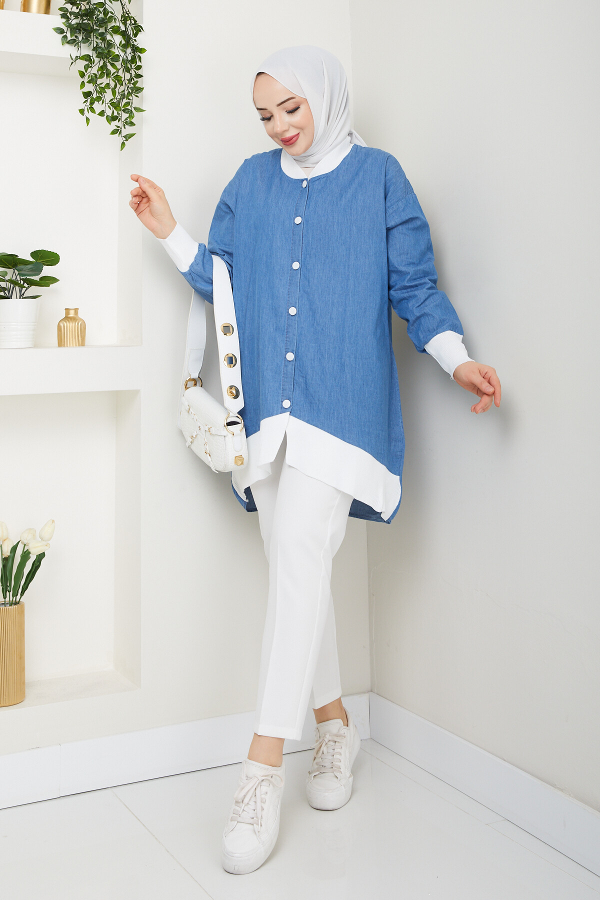 RİBANA DÜĞMELİ KOT GÖMLEK-MAVİ