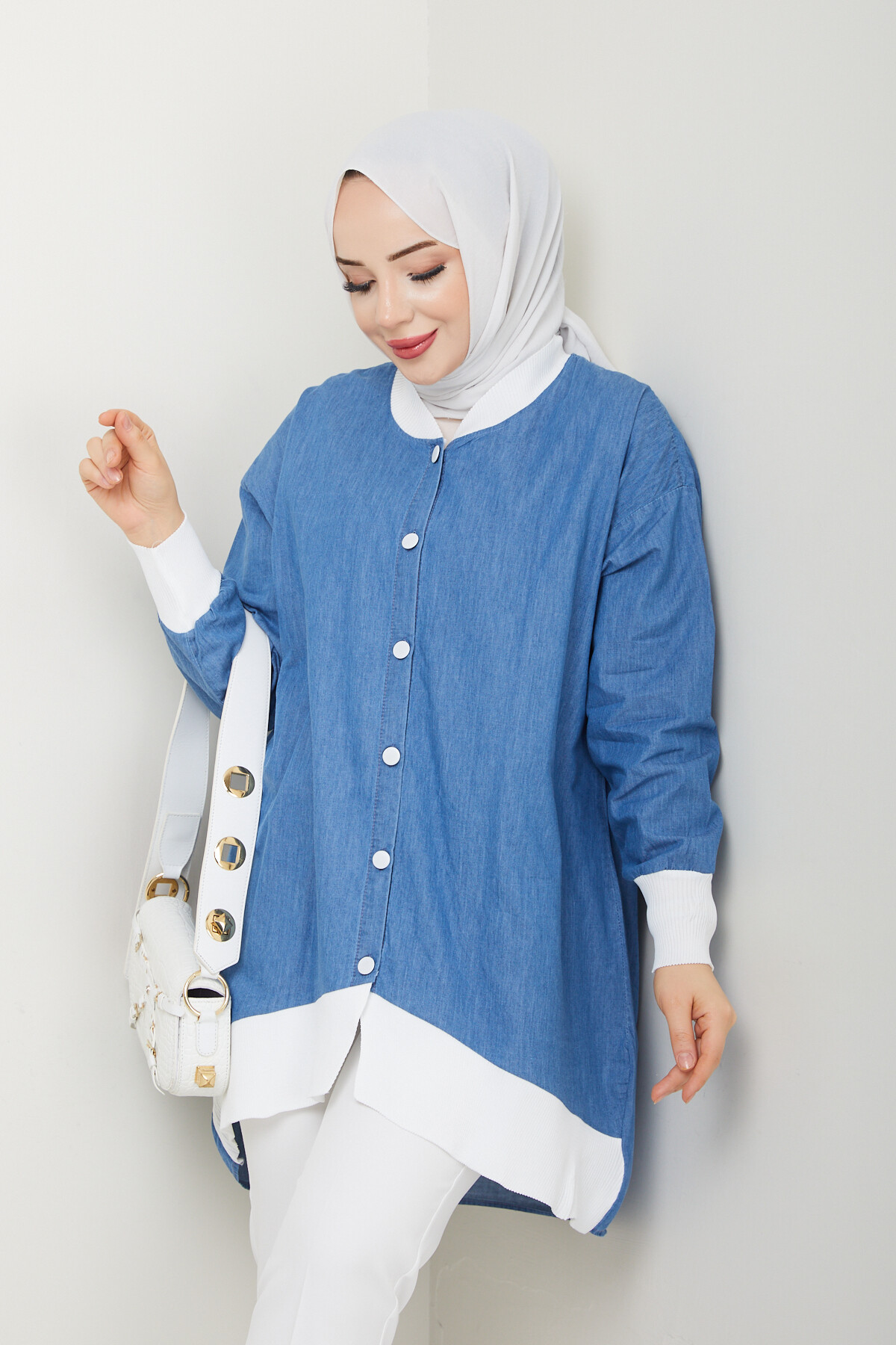 RİBANA DÜĞMELİ KOT GÖMLEK-MAVİ