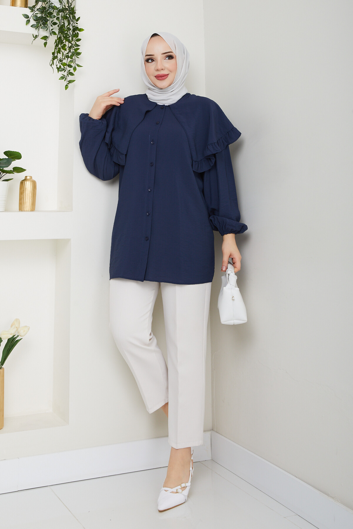 ŞAL YAKA TUNİK-LACİVERT