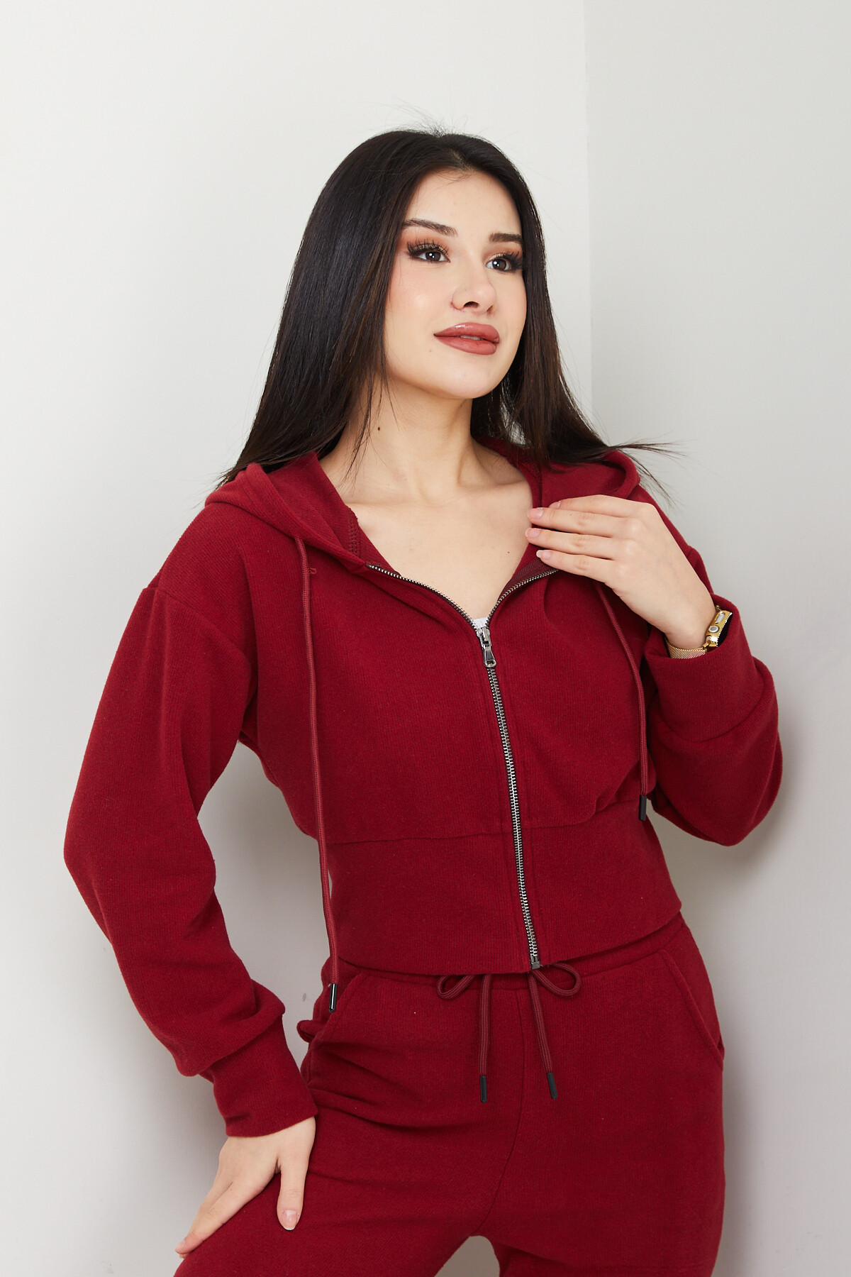 SELANİK KAPSONLU CROP TAKIM-BORDO