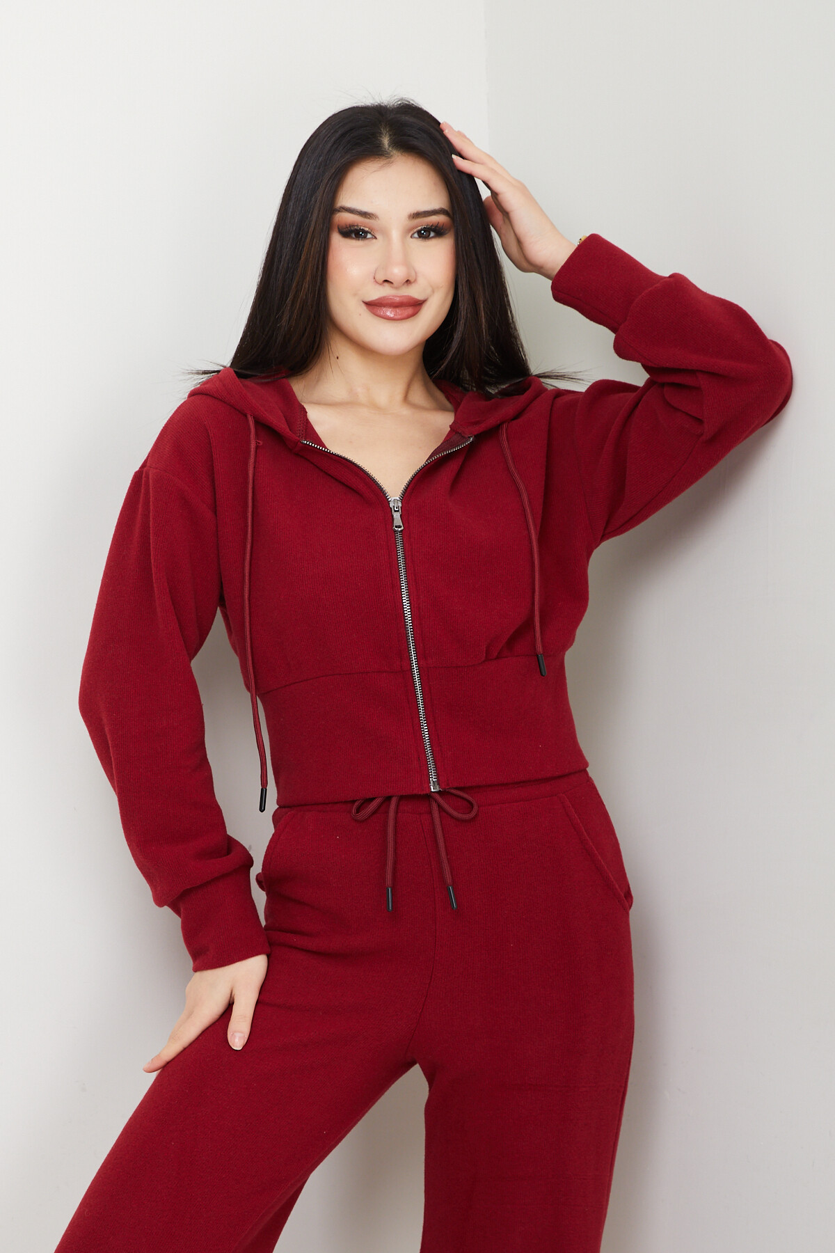 SELANİK KAPSONLU CROP TAKIM-BORDO