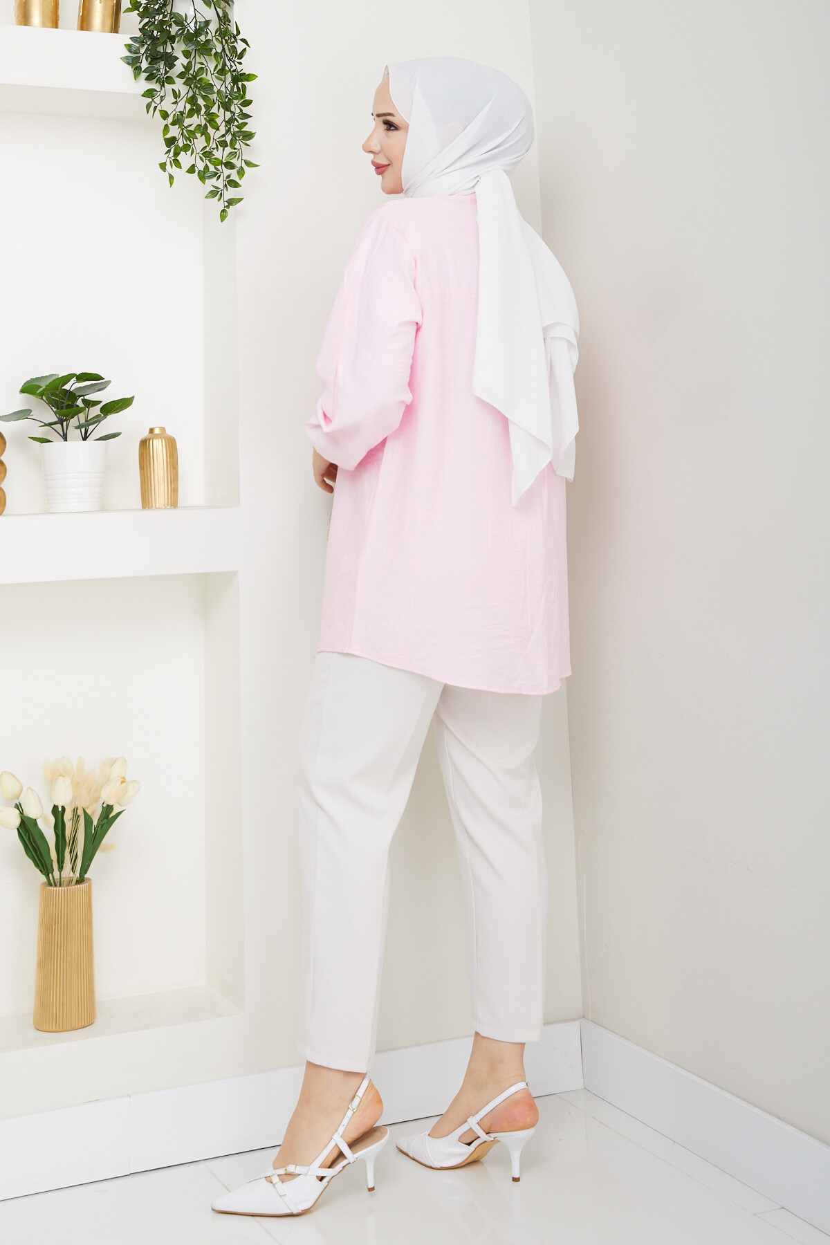 V ROBALI TAŞ DETAY GÖMLEK - PEMBE