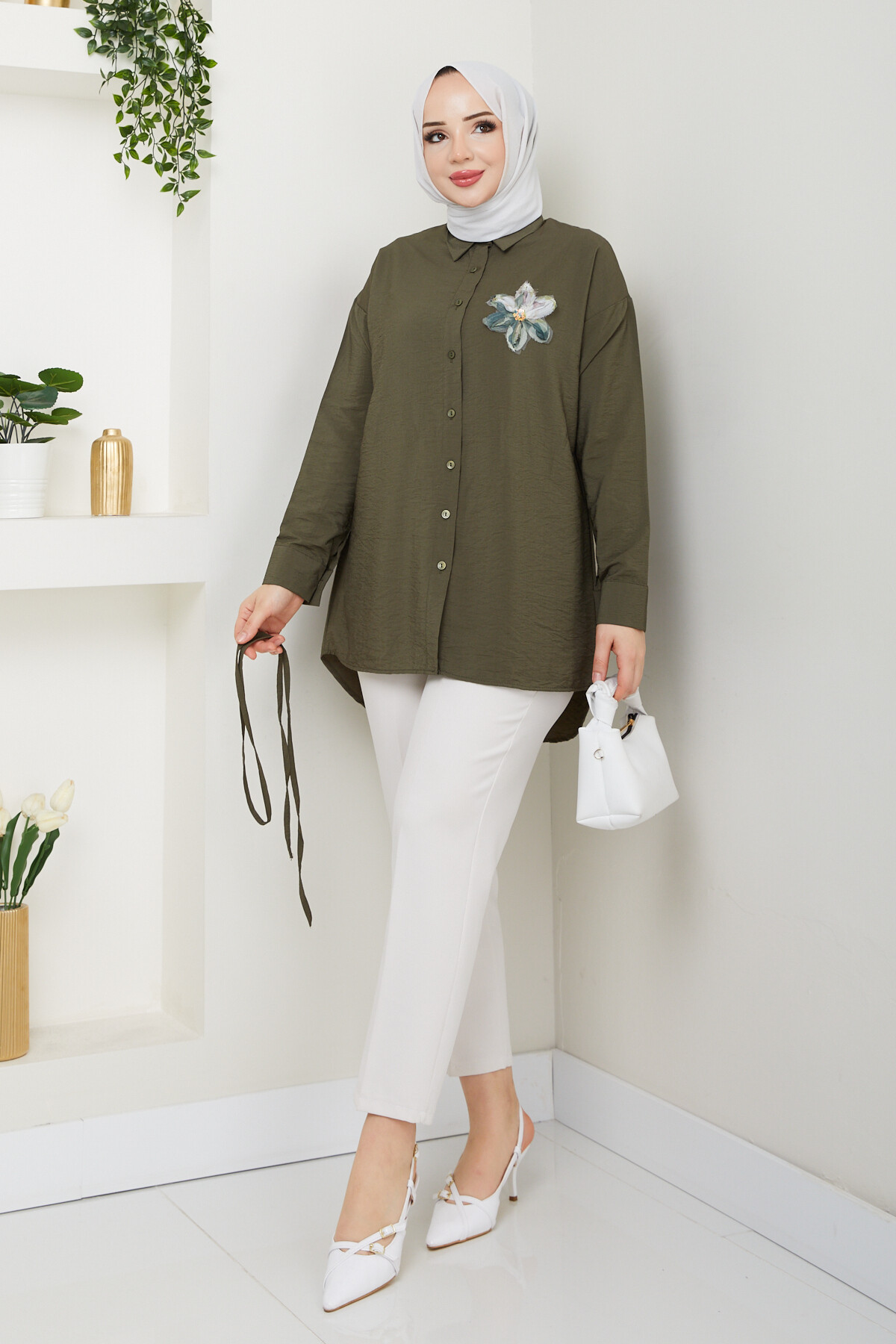 VİO ÇİÇEKLİ GÖMLEK-HAKİ