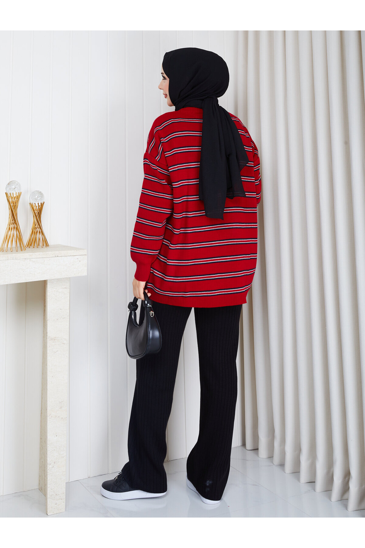 0303 Çizgili Oversize Triko Kazak – Kırmızı