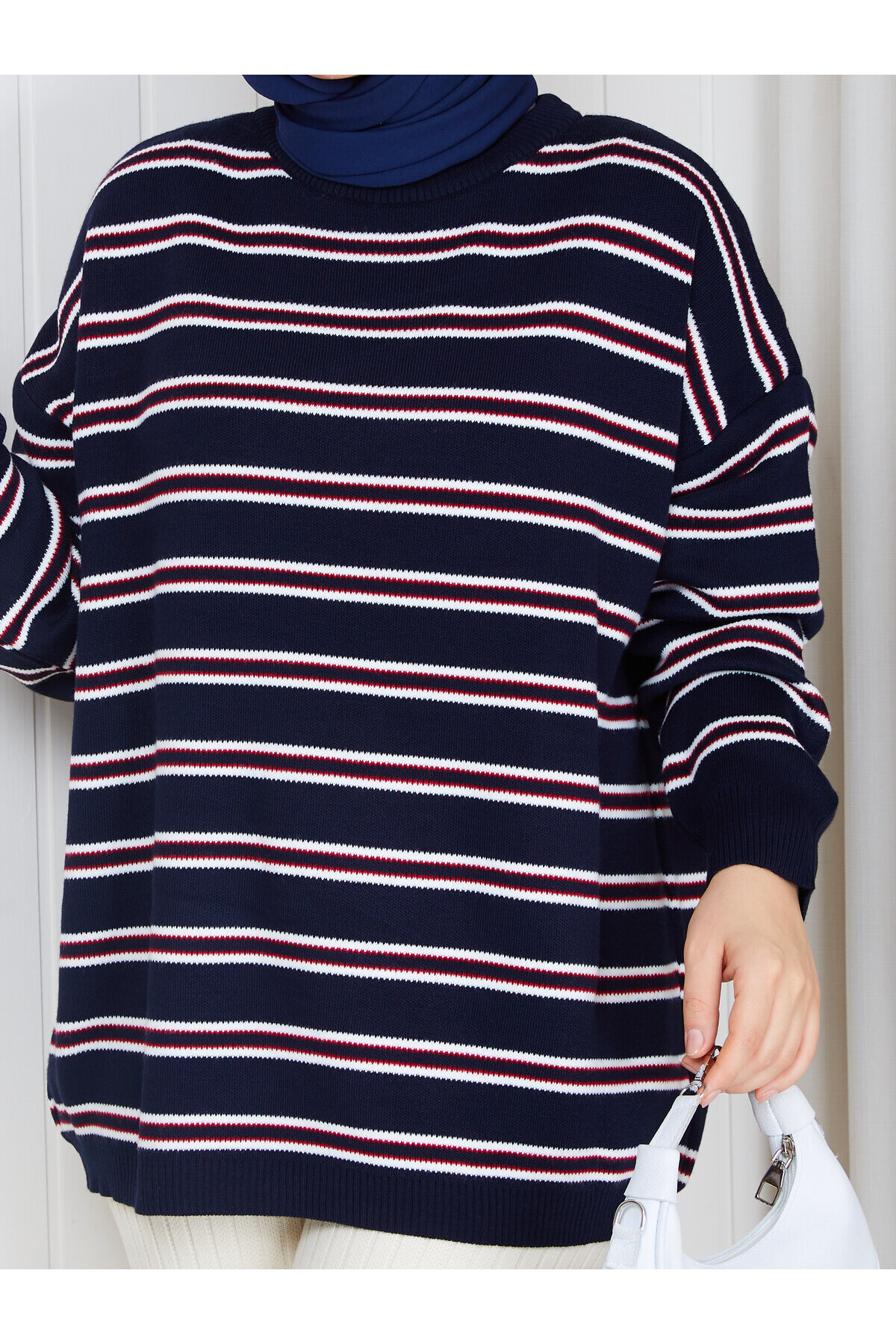 0304 Çizgili Oversize Triko Kazak – Lacivert