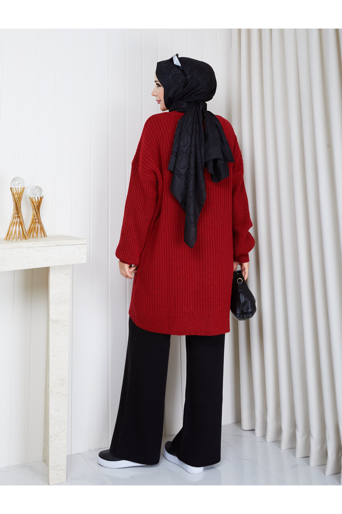 0901 Oversize Bisiklet Yaka Uzun Triko Kazak-Kırmızı