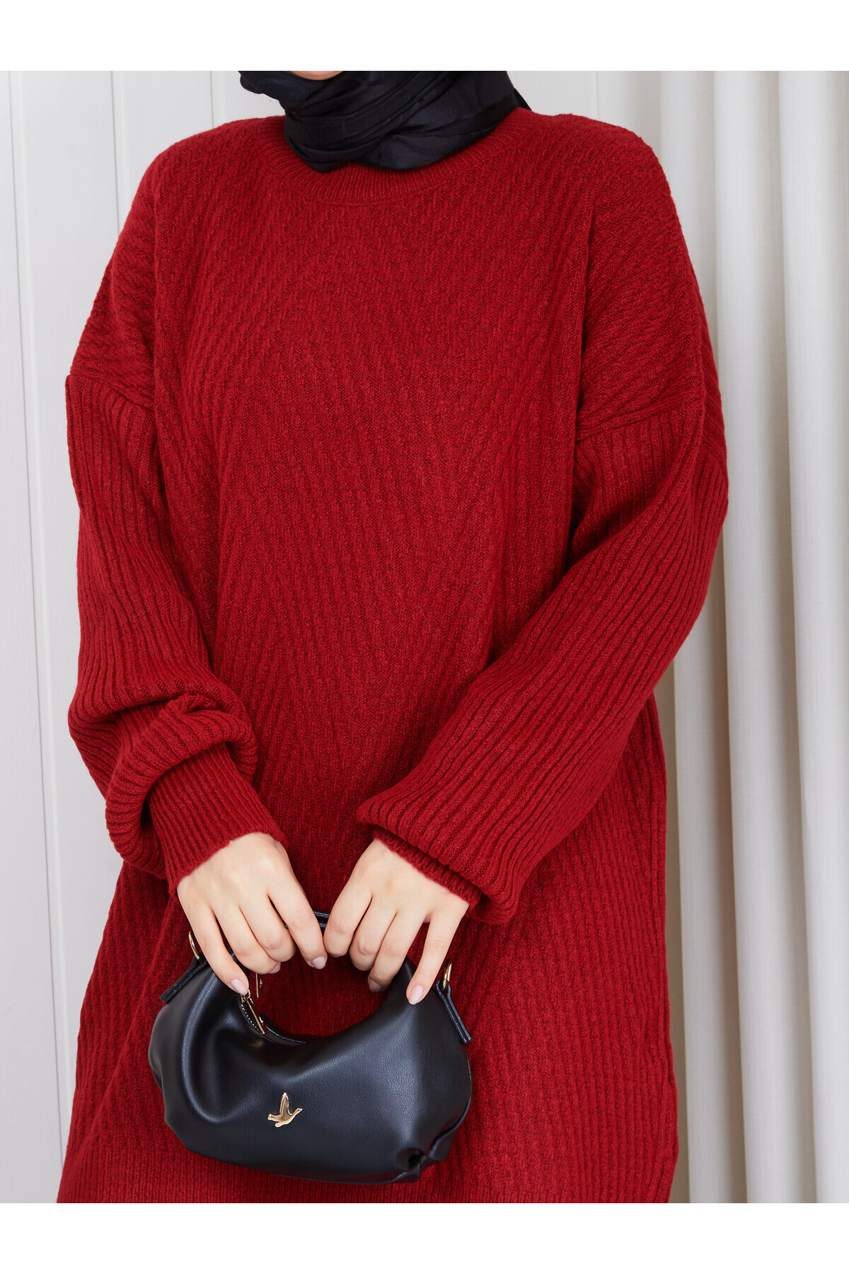 0901 Oversize Bisiklet Yaka Uzun Triko Kazak-Kırmızı