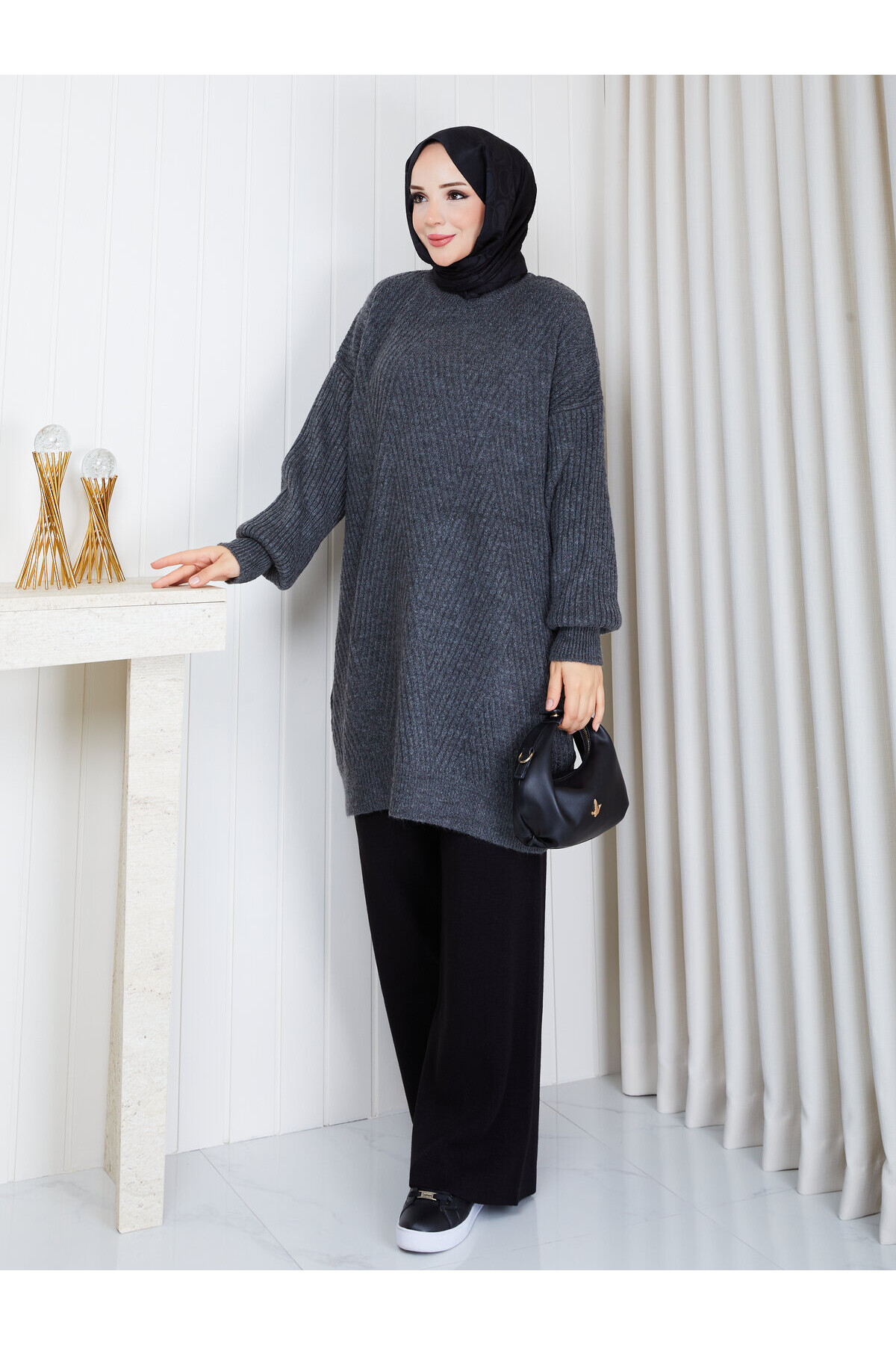 0902 Oversize Bisiklet Yaka Uzun Triko Kazak-Füme